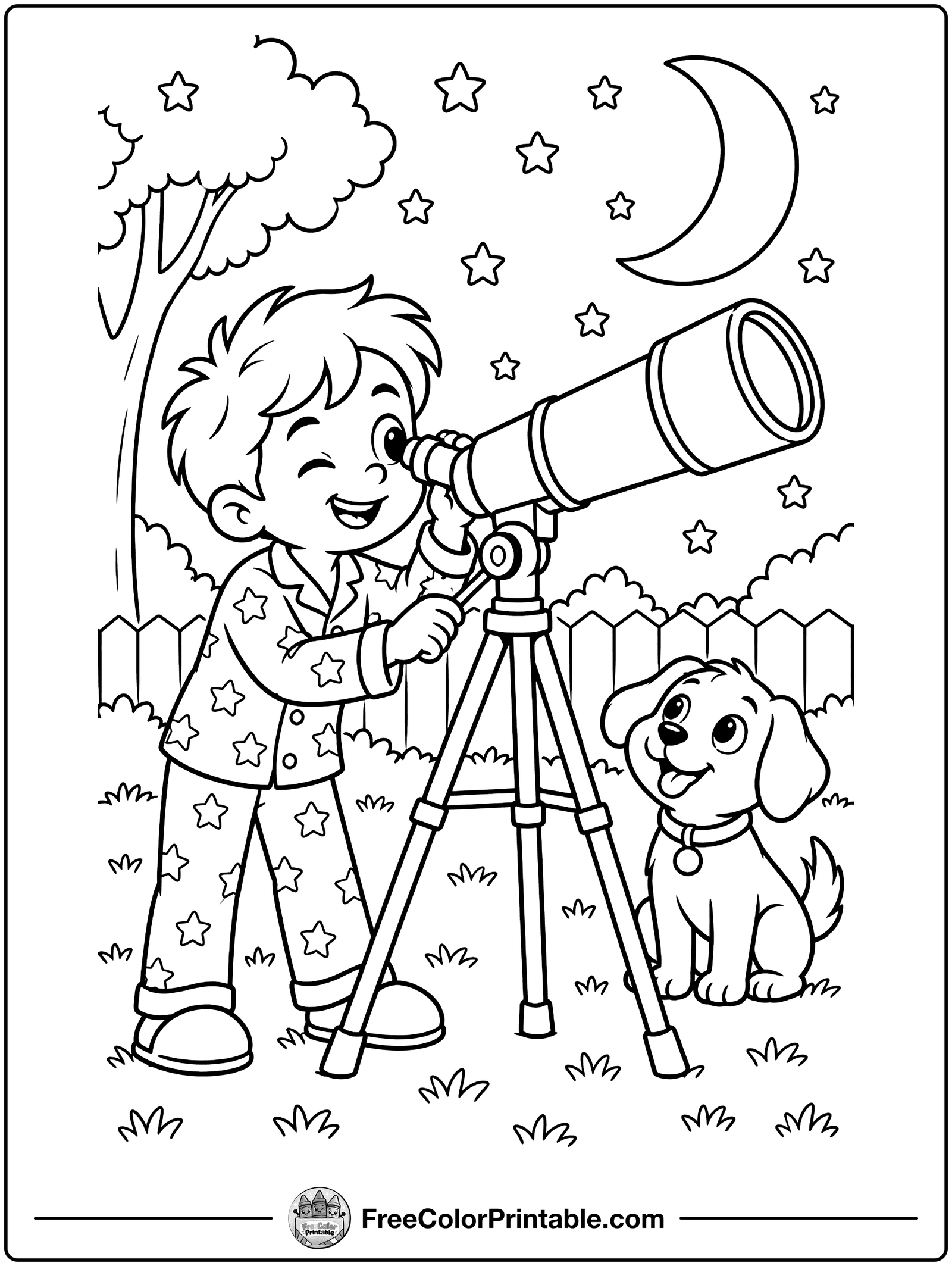 Kid Looking Through a Telescope Coloring Page — free color printable