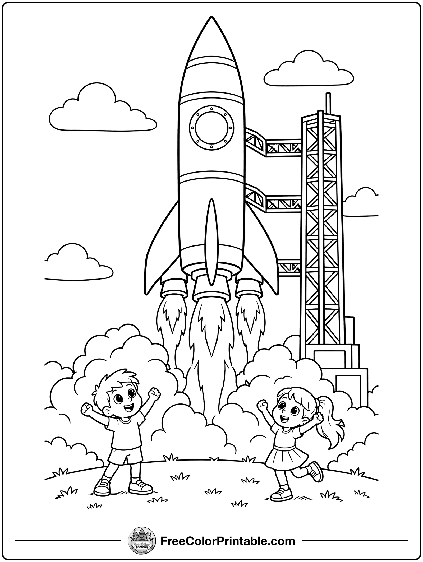 Kids Watching a Rocket Launch Coloring Page — free color printable