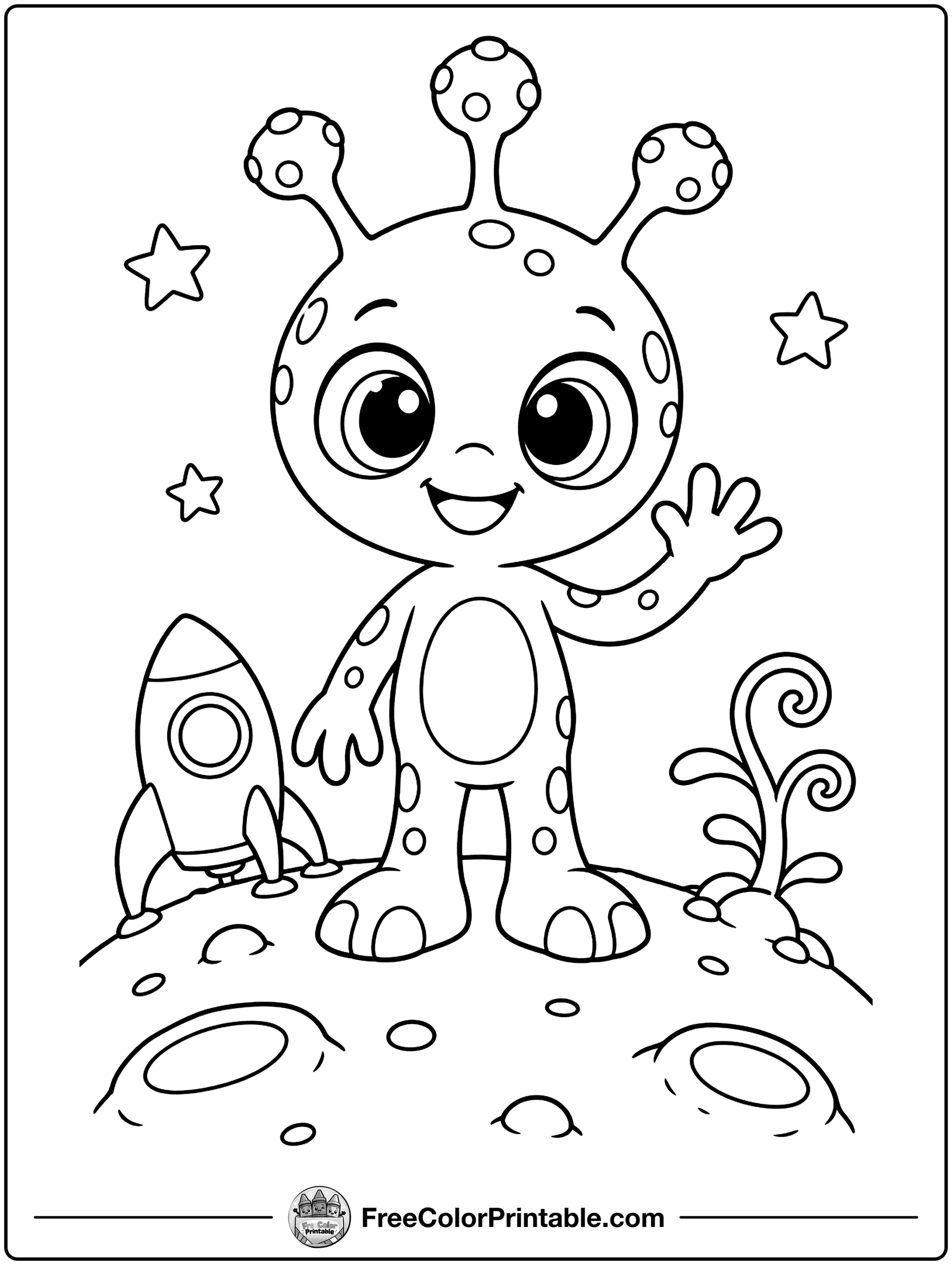 Little Alien Waving Hello Coloring Page — free color printable