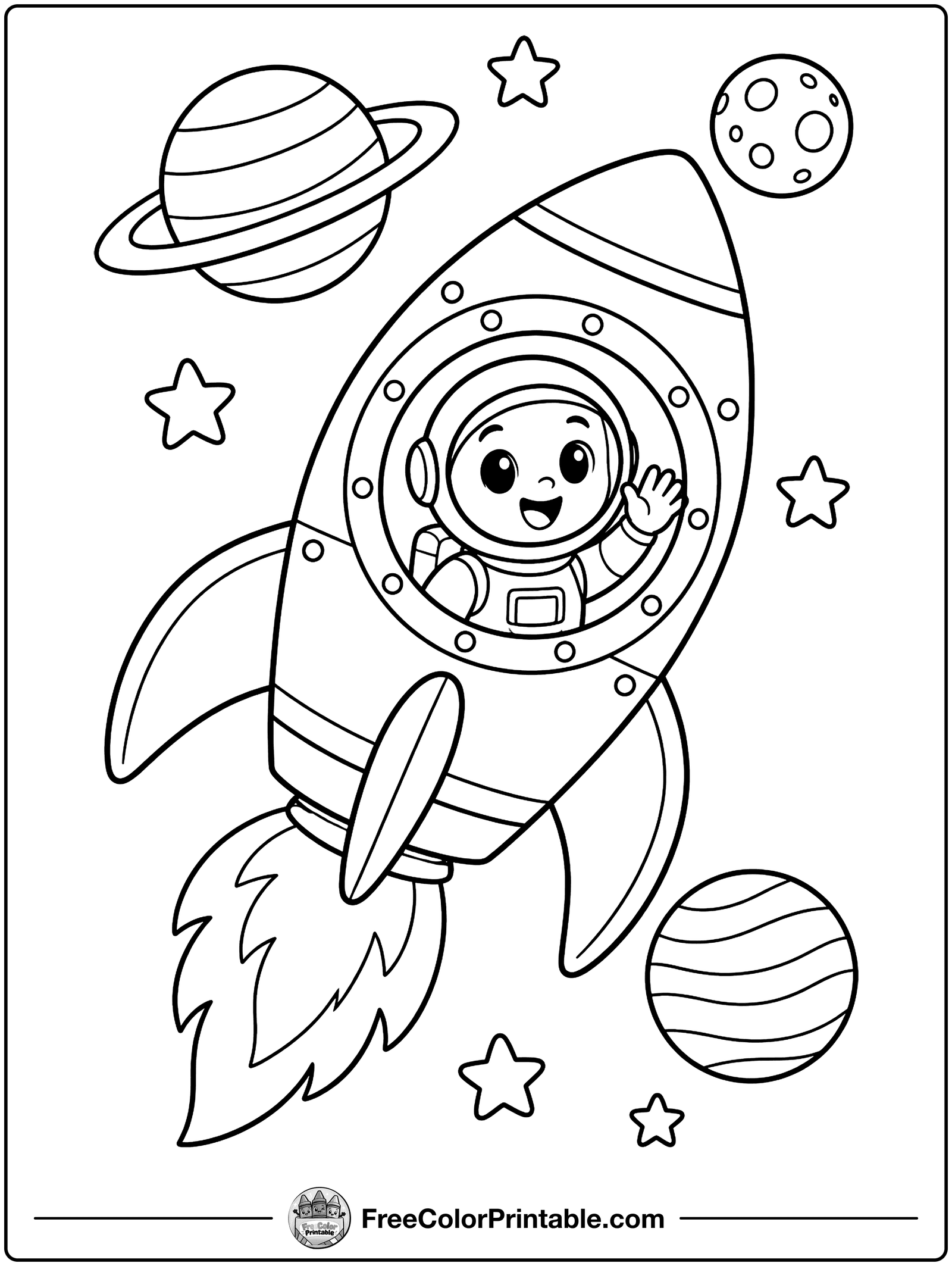 Rocket Ship Flying Past Planets Coloring Page — free color printable