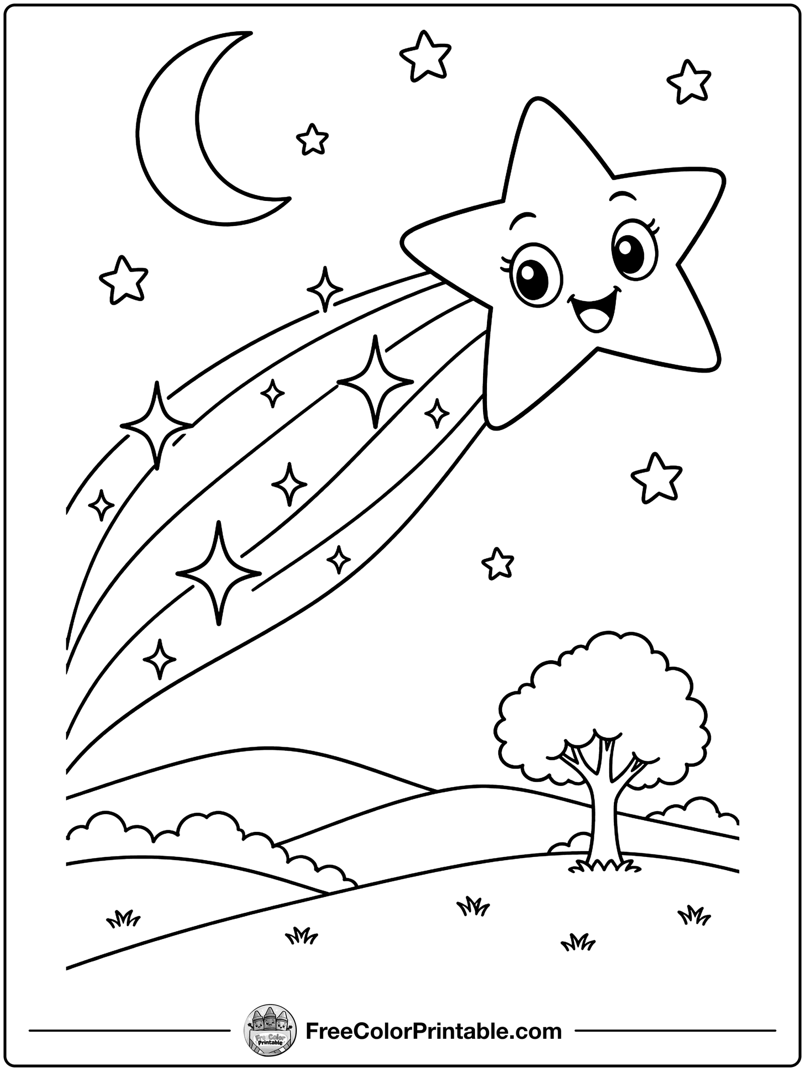 Shooting Star over the Hills Coloring Page — free color printable