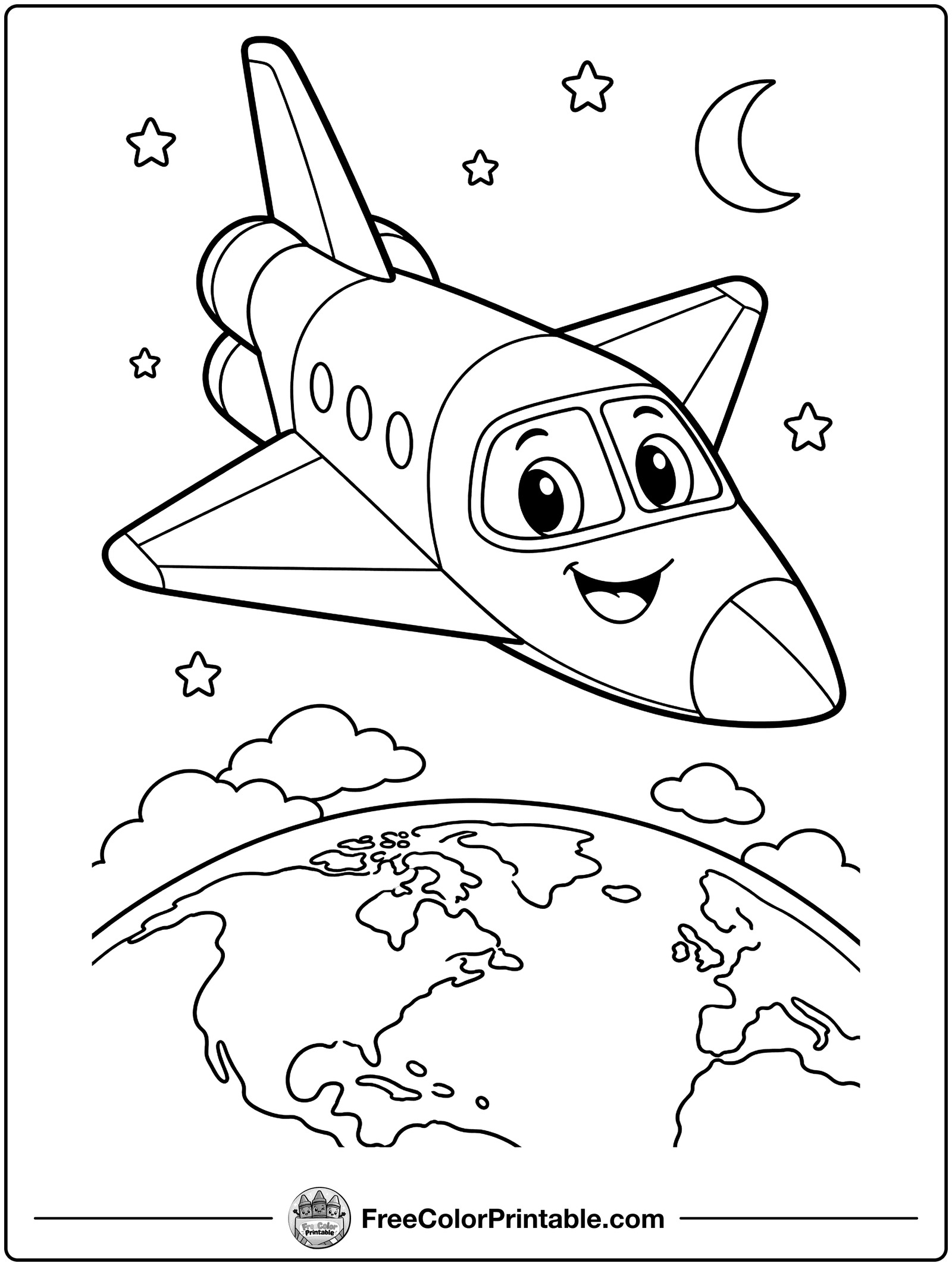 Space Plane Flying Past Earth Coloring Page — free color printable