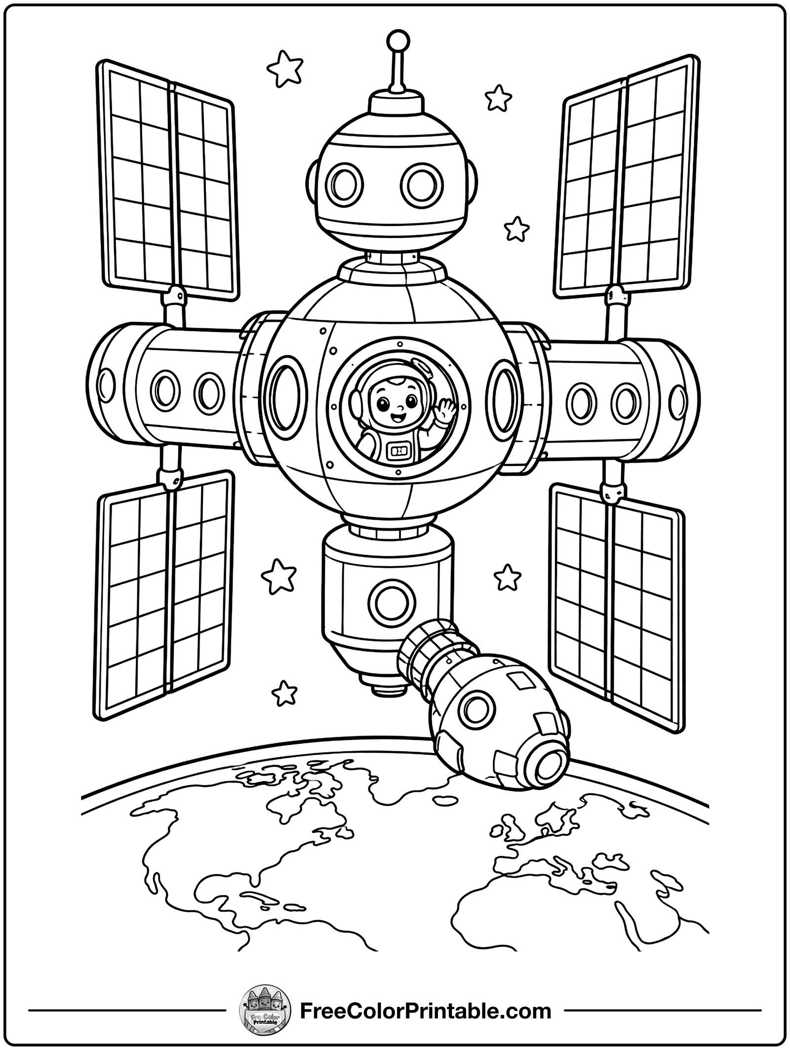Space Station Orbiting Earth Coloring Page — free color printable