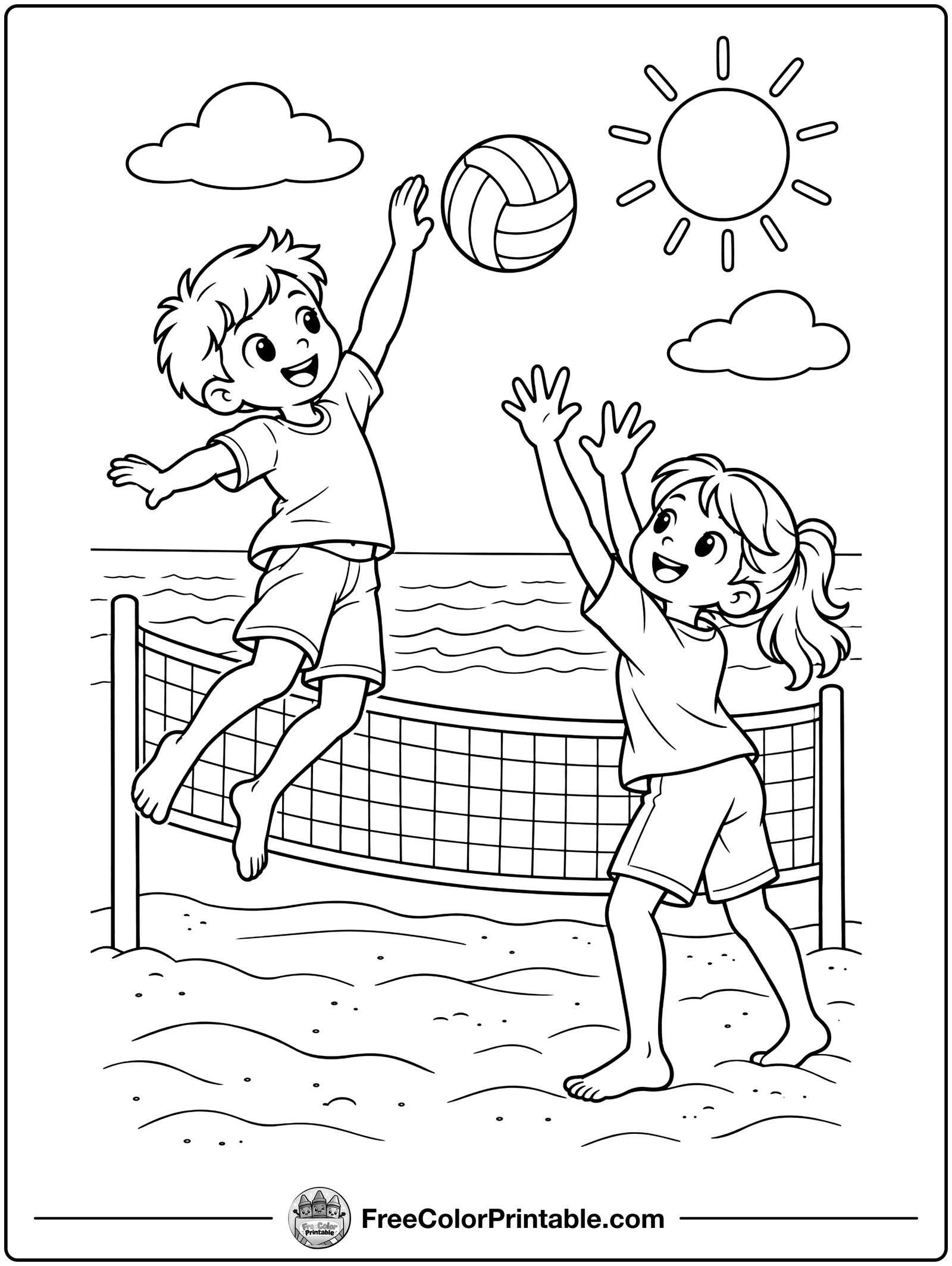 Beach Volleyball Game Coloring Page — free color printable