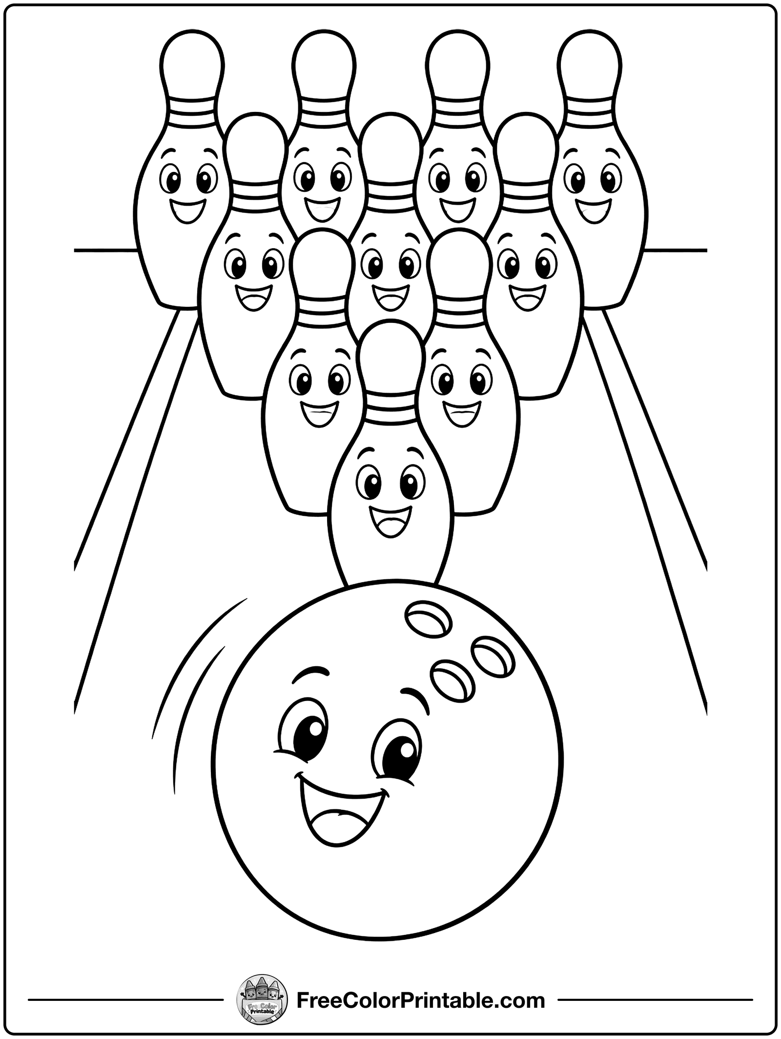 Bowling Ball and Pins Coloring Page — free color printable
