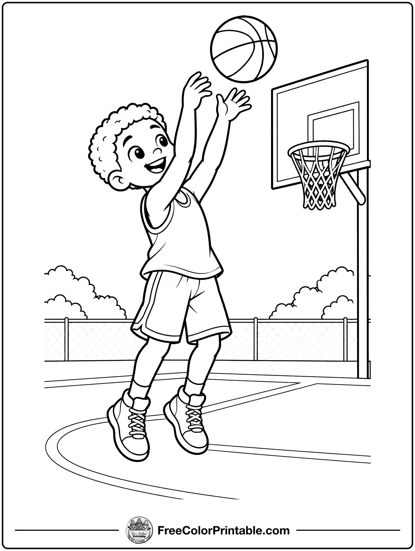 Boy Shooting a Basketball Coloring Page — free color printable