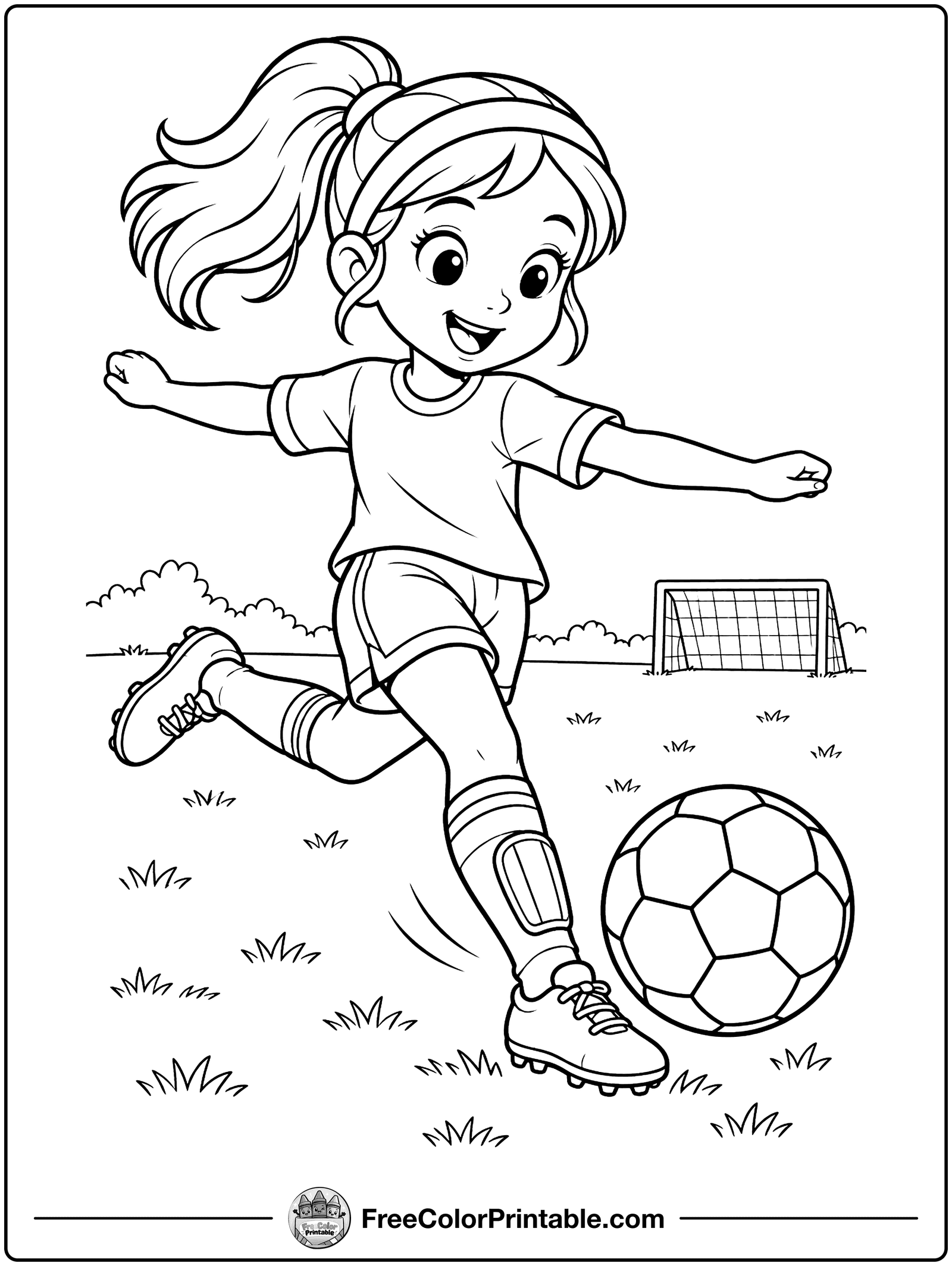 Girl Kicking a Soccer Ball Coloring Page — free color printable