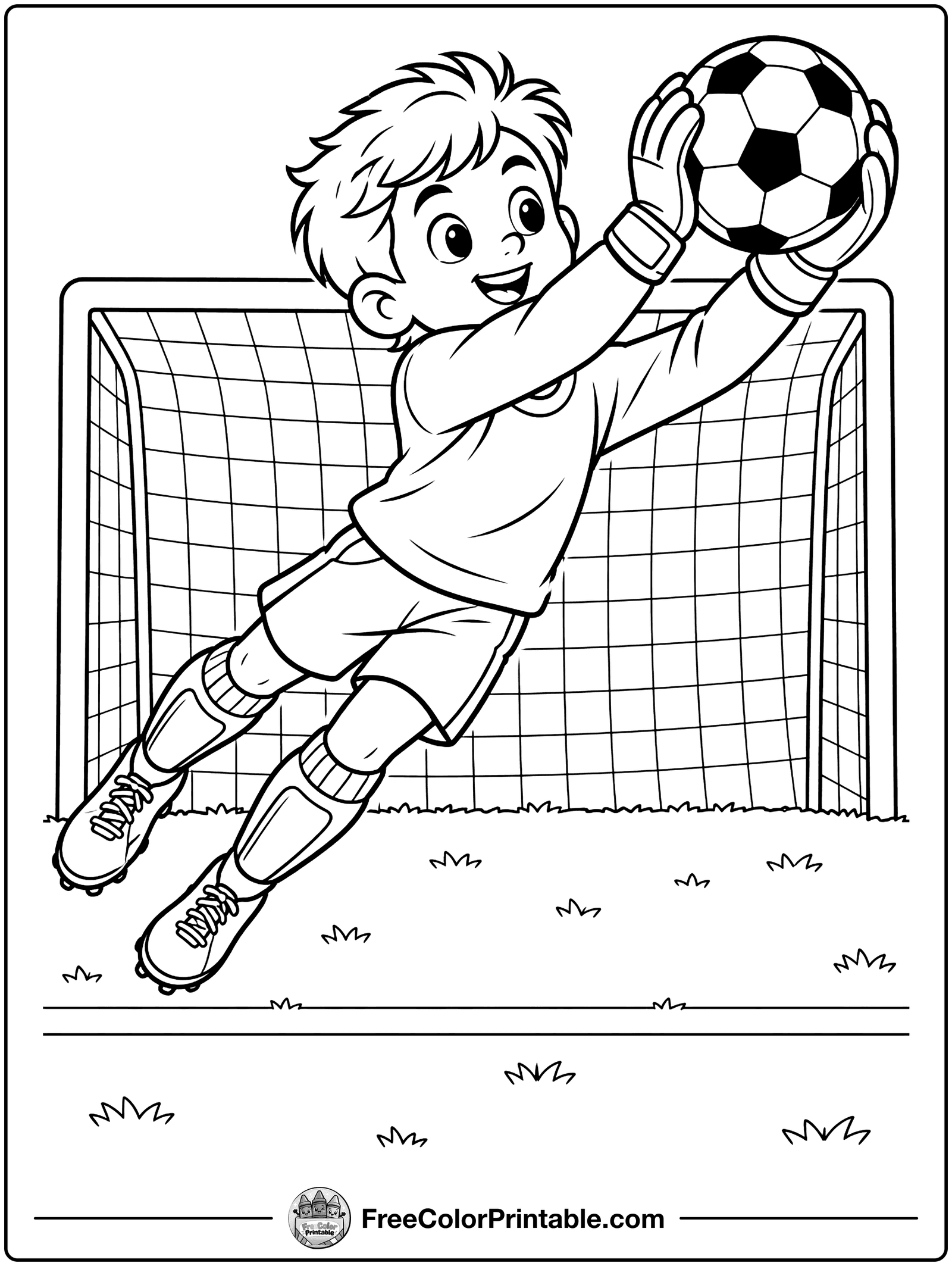 Goalie Catching the Ball Coloring Page — free color printable