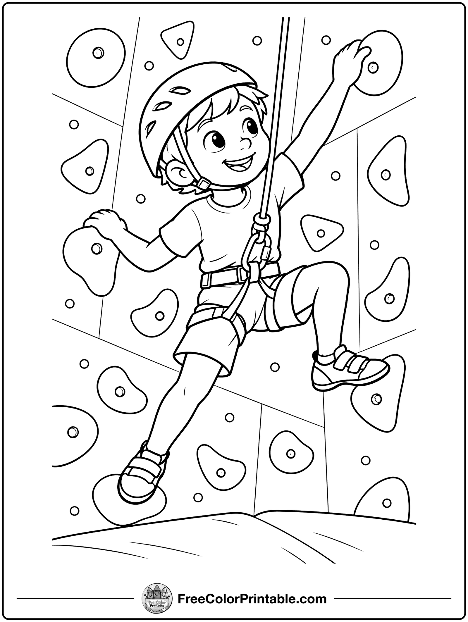 Kid Climbing a Rock Wall Coloring Page — free color printable