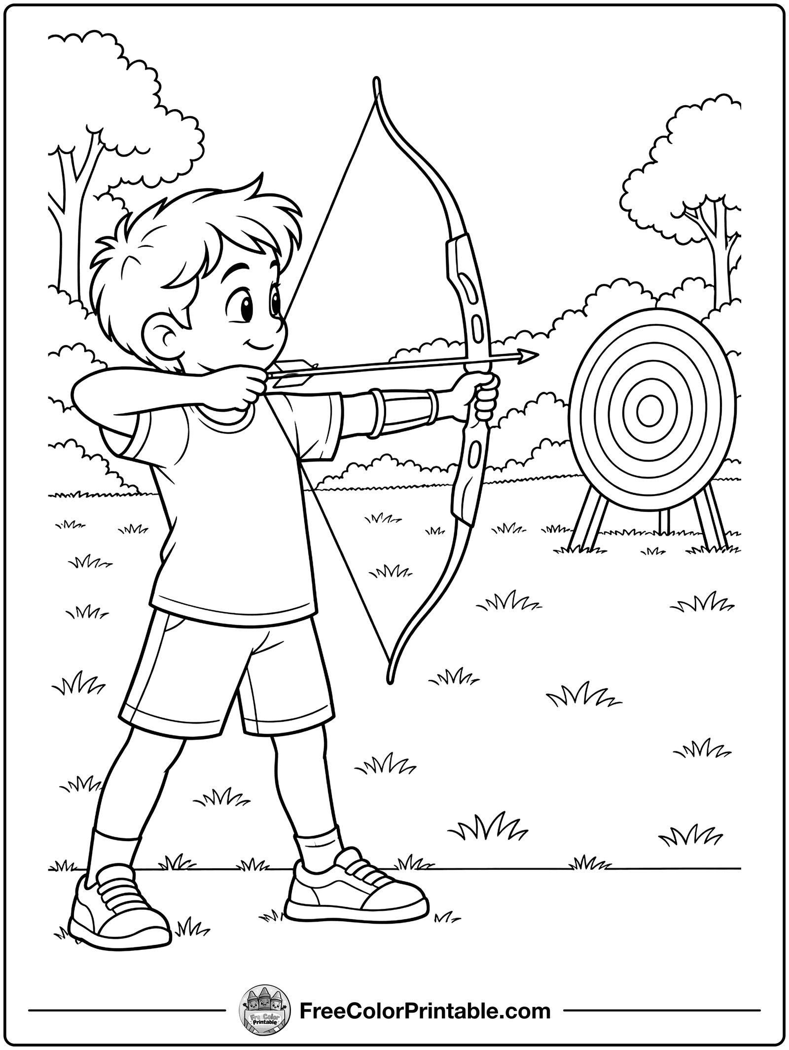 Kid Doing Archery Coloring Page — free color printable