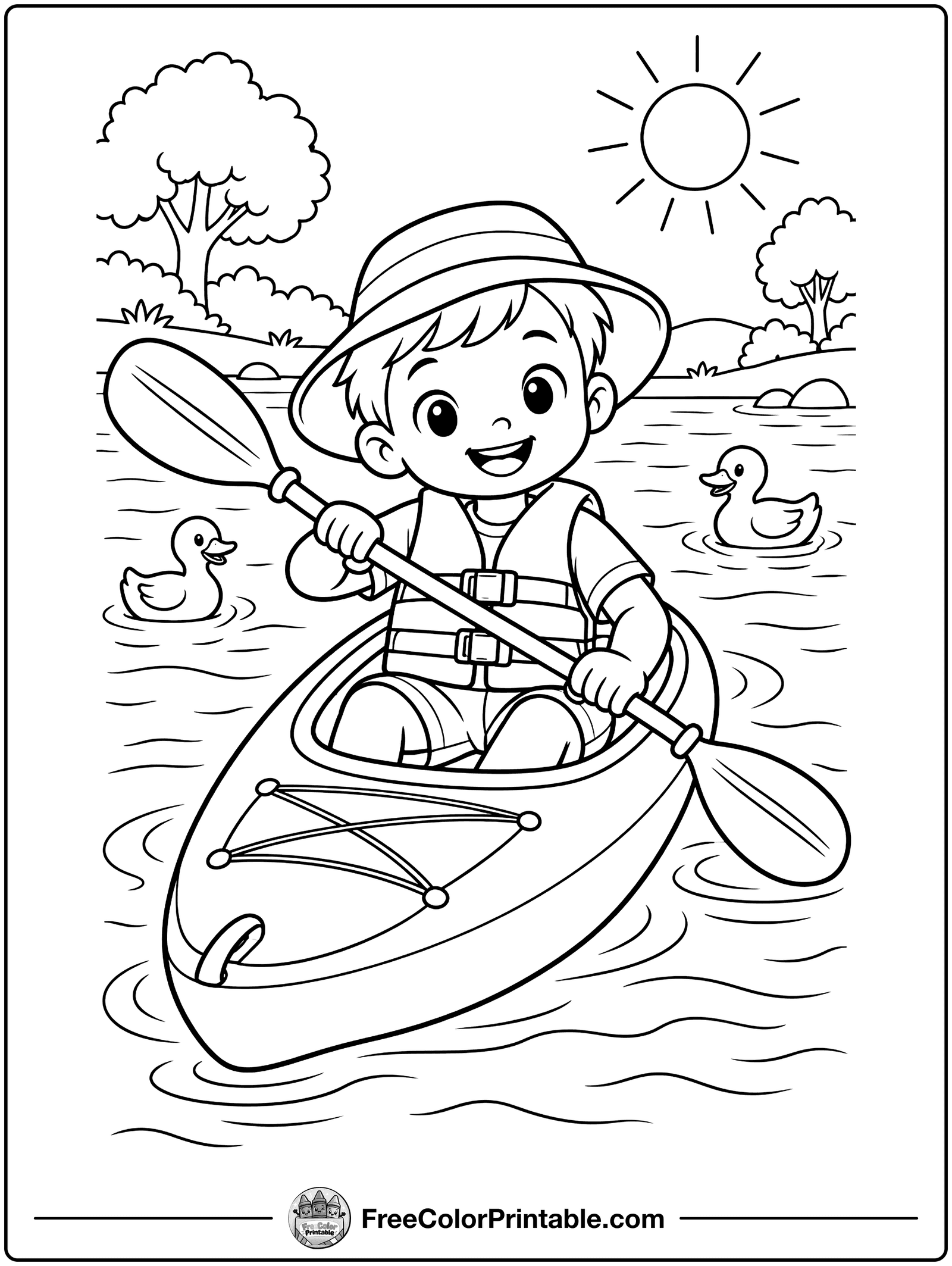 Kid Paddling a Kayak Coloring Page — free color printable