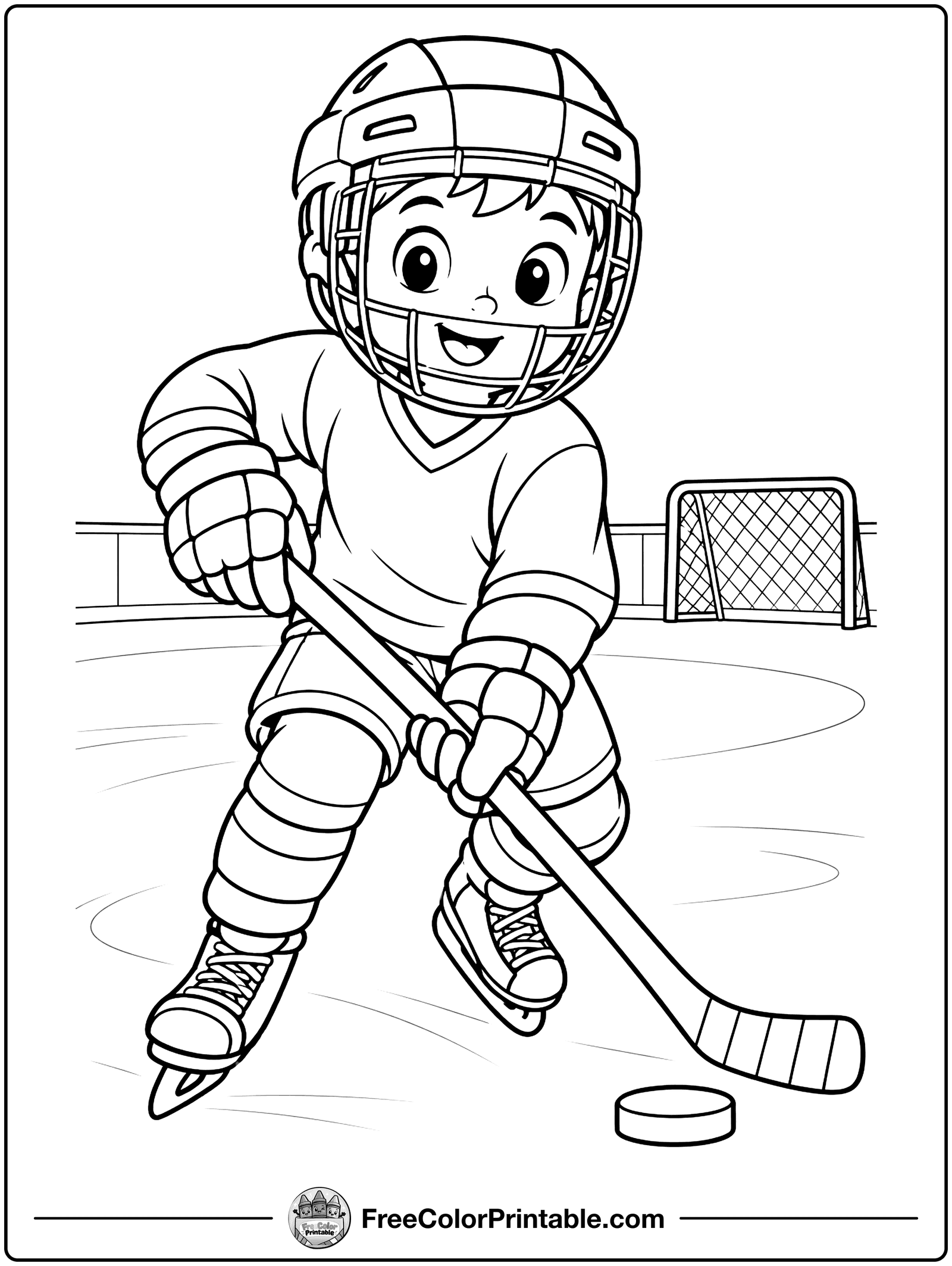 Kid Playing Ice Hockey Coloring Page — free color printable