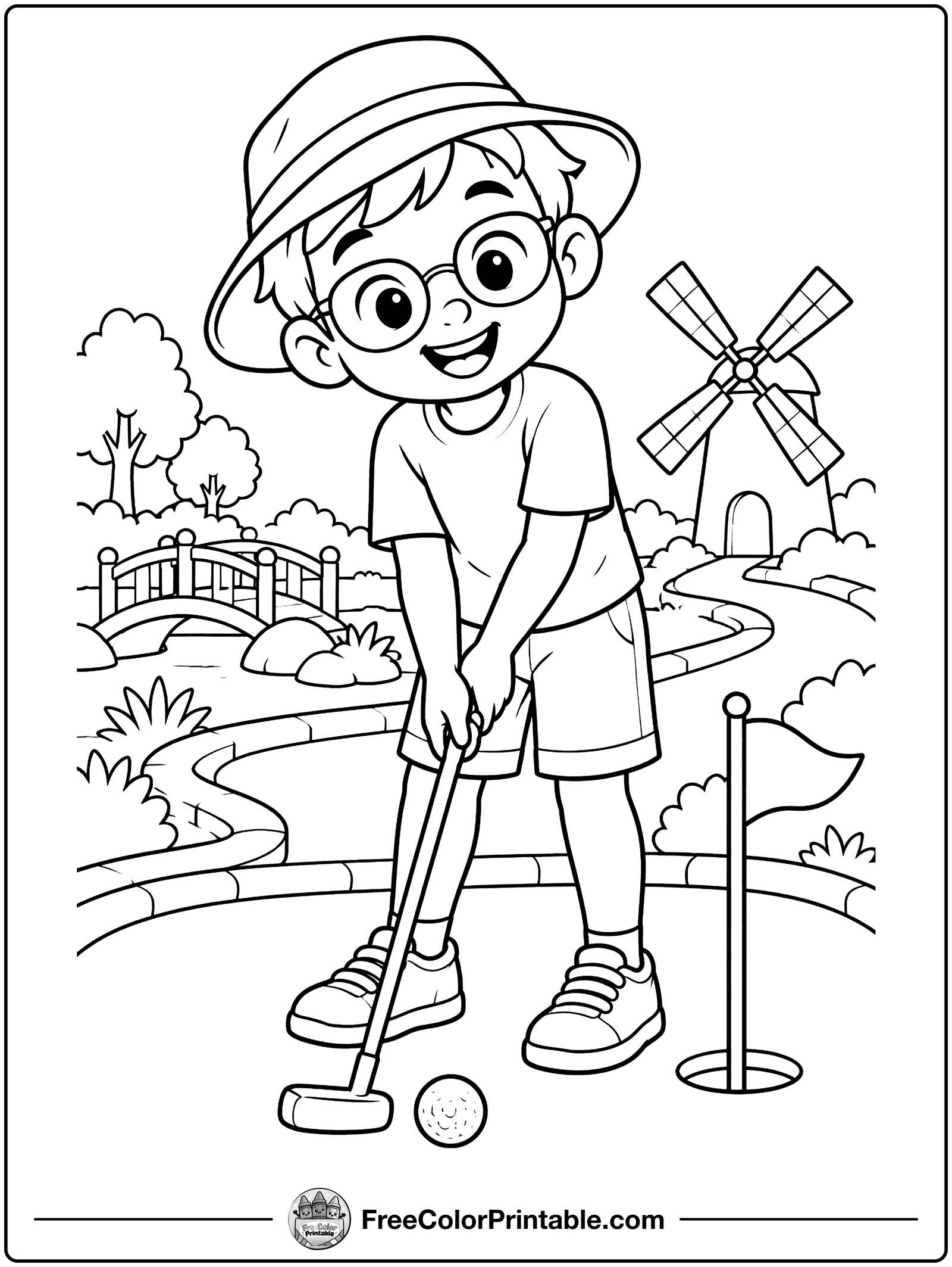 Kid Playing Mini Golf Coloring Page — free color printable