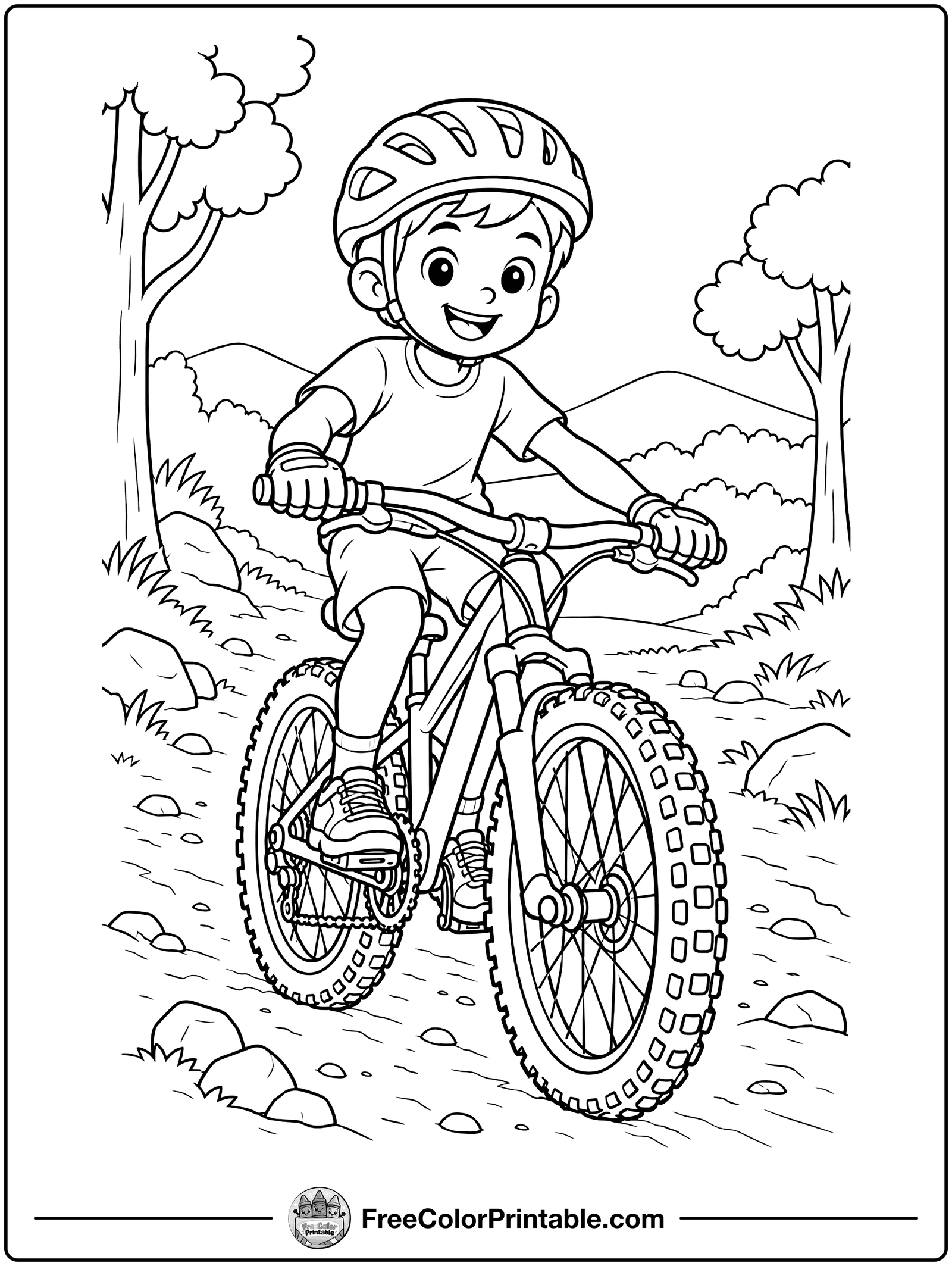 Kid Riding a Mountain Bike on a Trail Coloring Page — free color printable