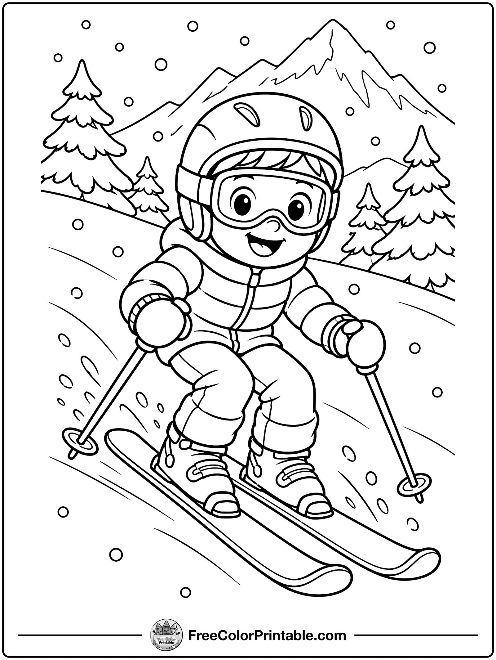 Kid Skiing Down a Mountain Coloring Page — free color printable