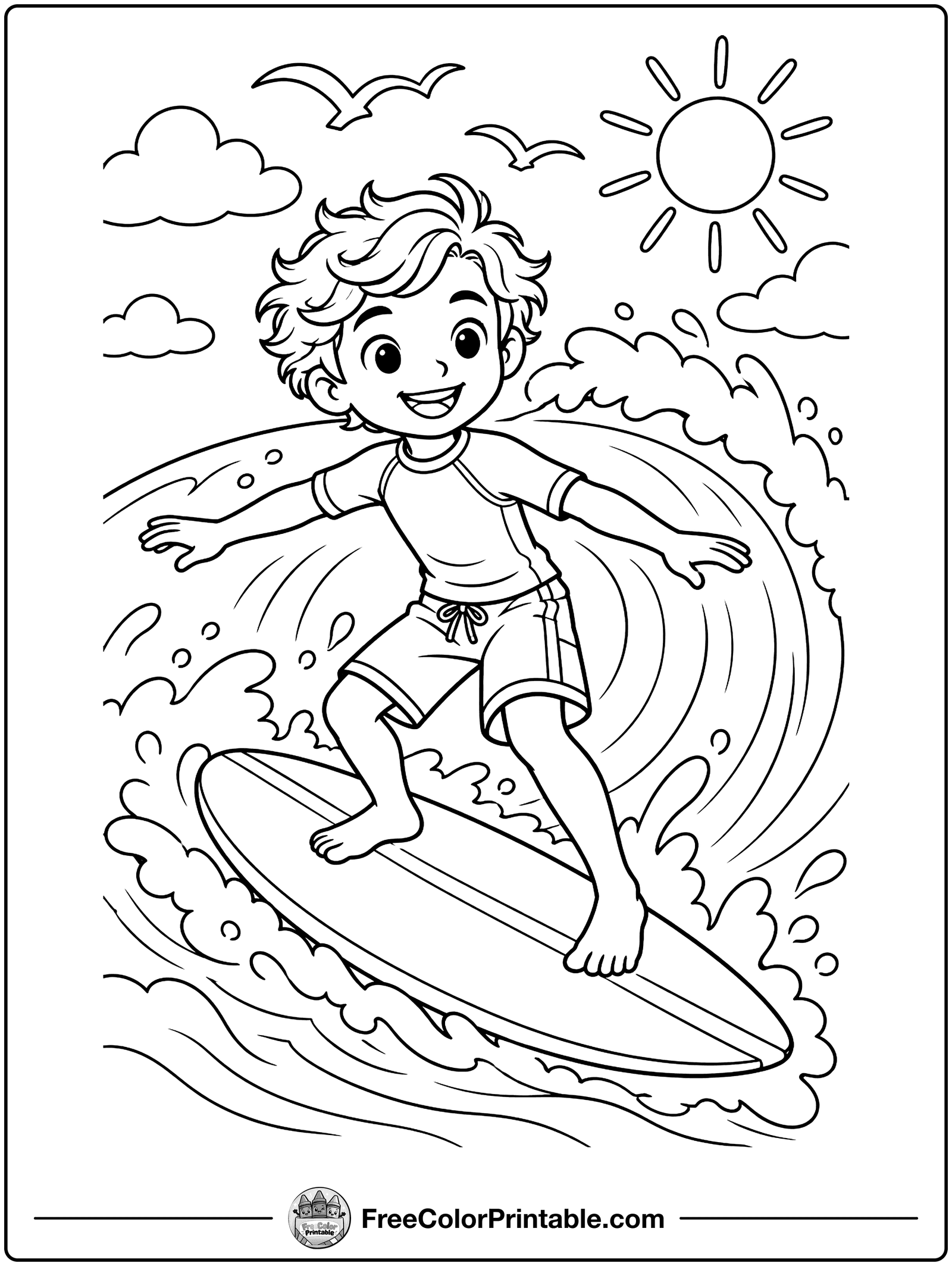 Kid Surfing a Wave Coloring Page — free color printable