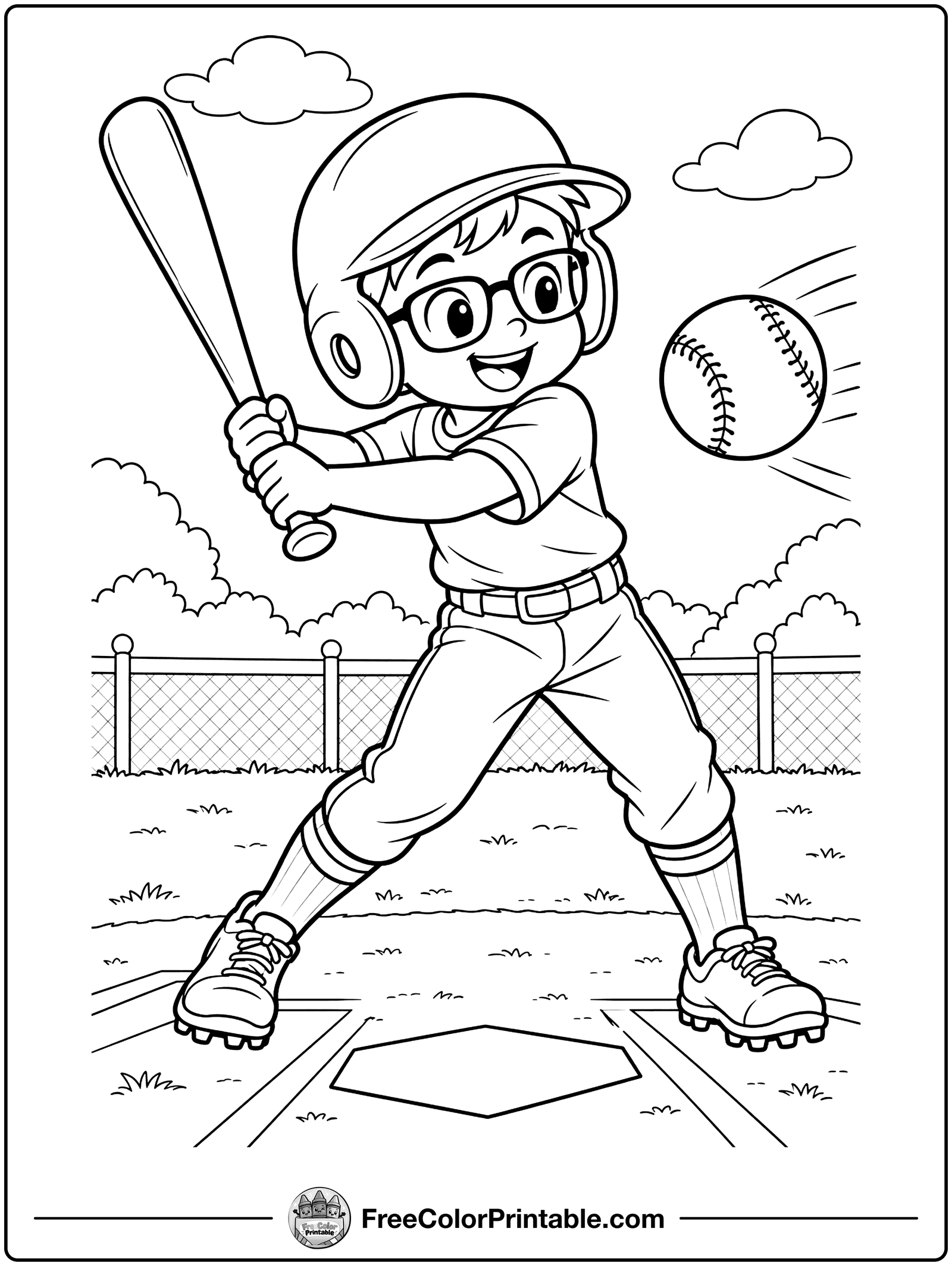 Kid Swinging a Baseball Bat Coloring Page — free color printable