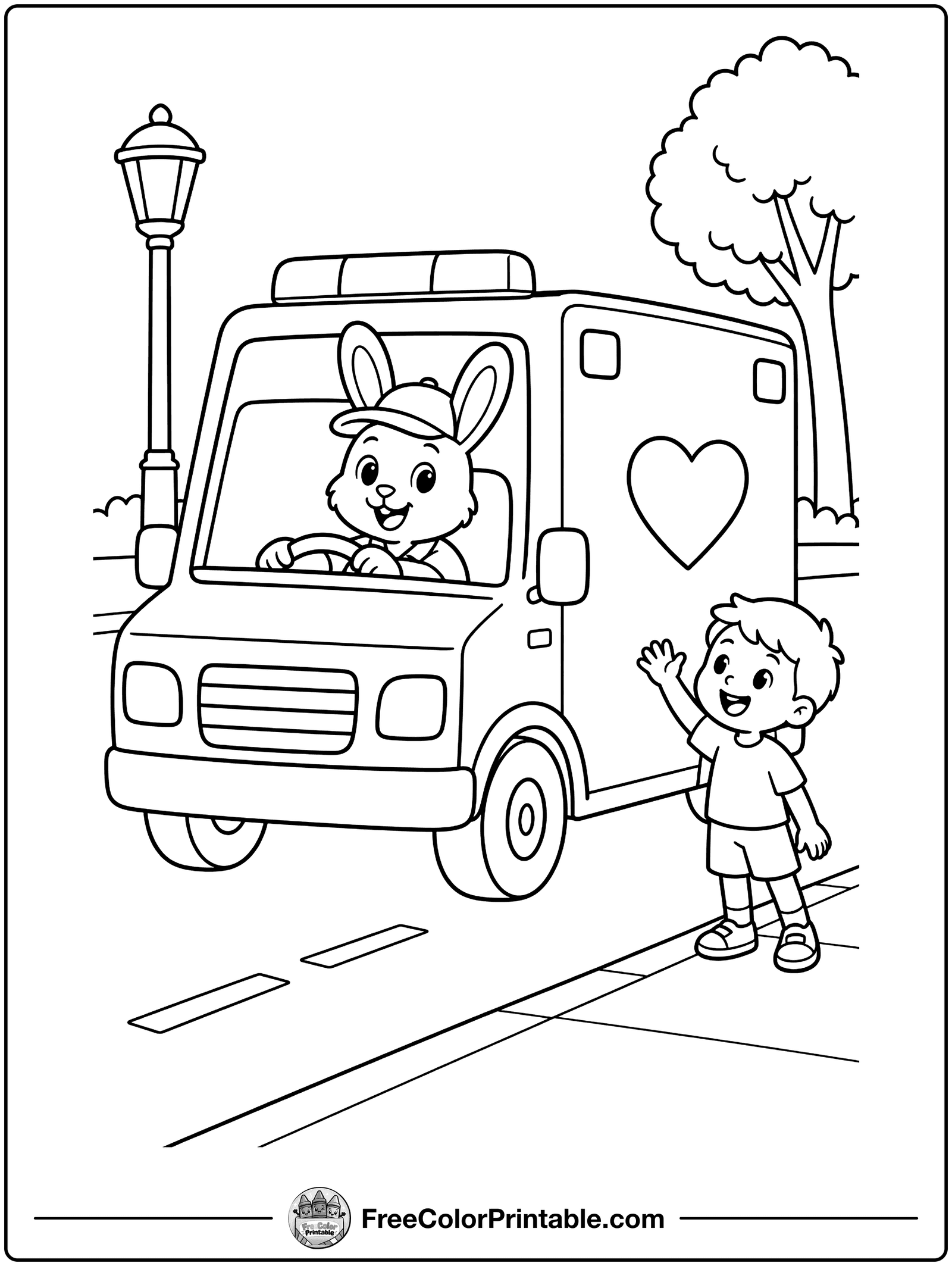 Ambulance on the Way Coloring Page — free color printable