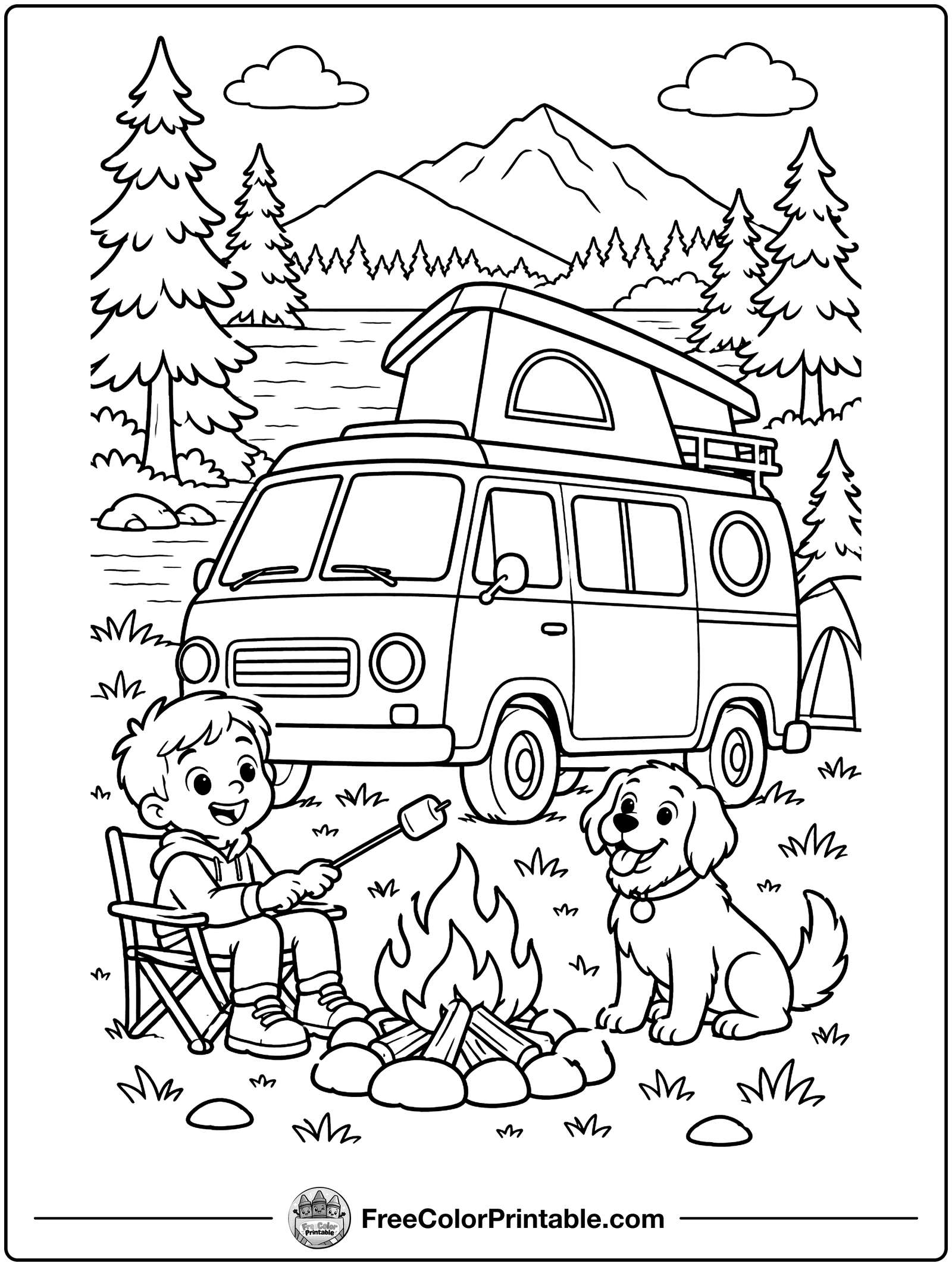 Camper Van by the Lake Coloring Page — free color printable
