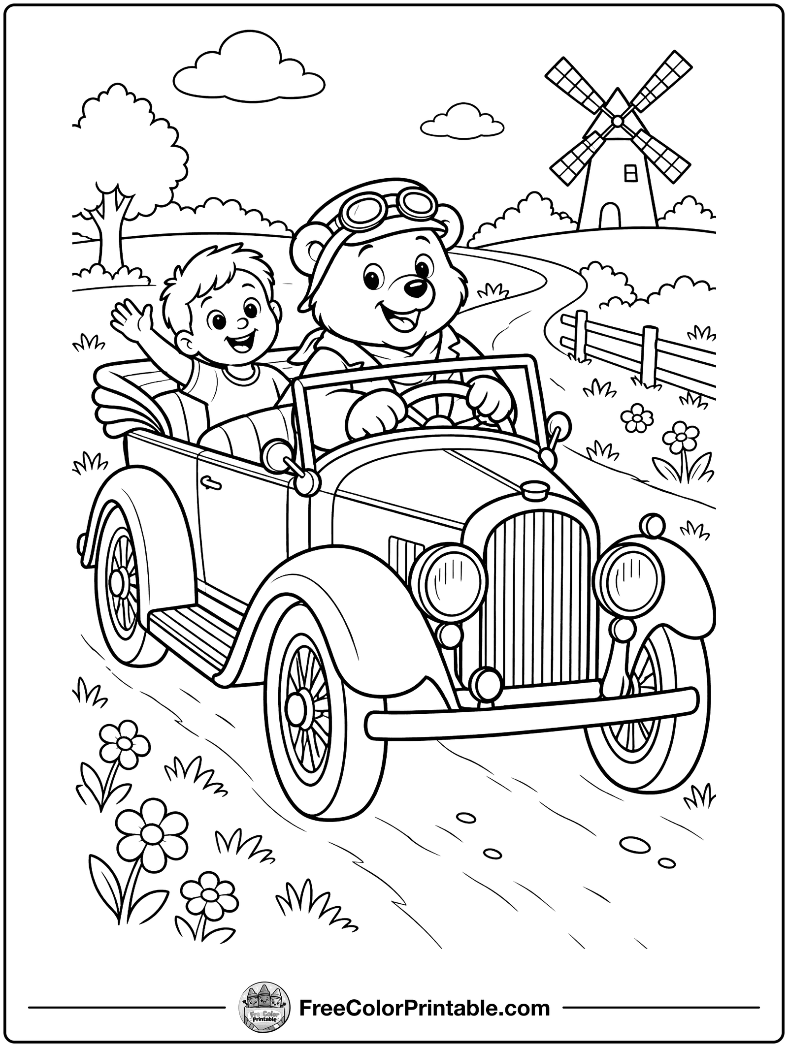 Old-Fashioned Car Ride Coloring Page — free color printable