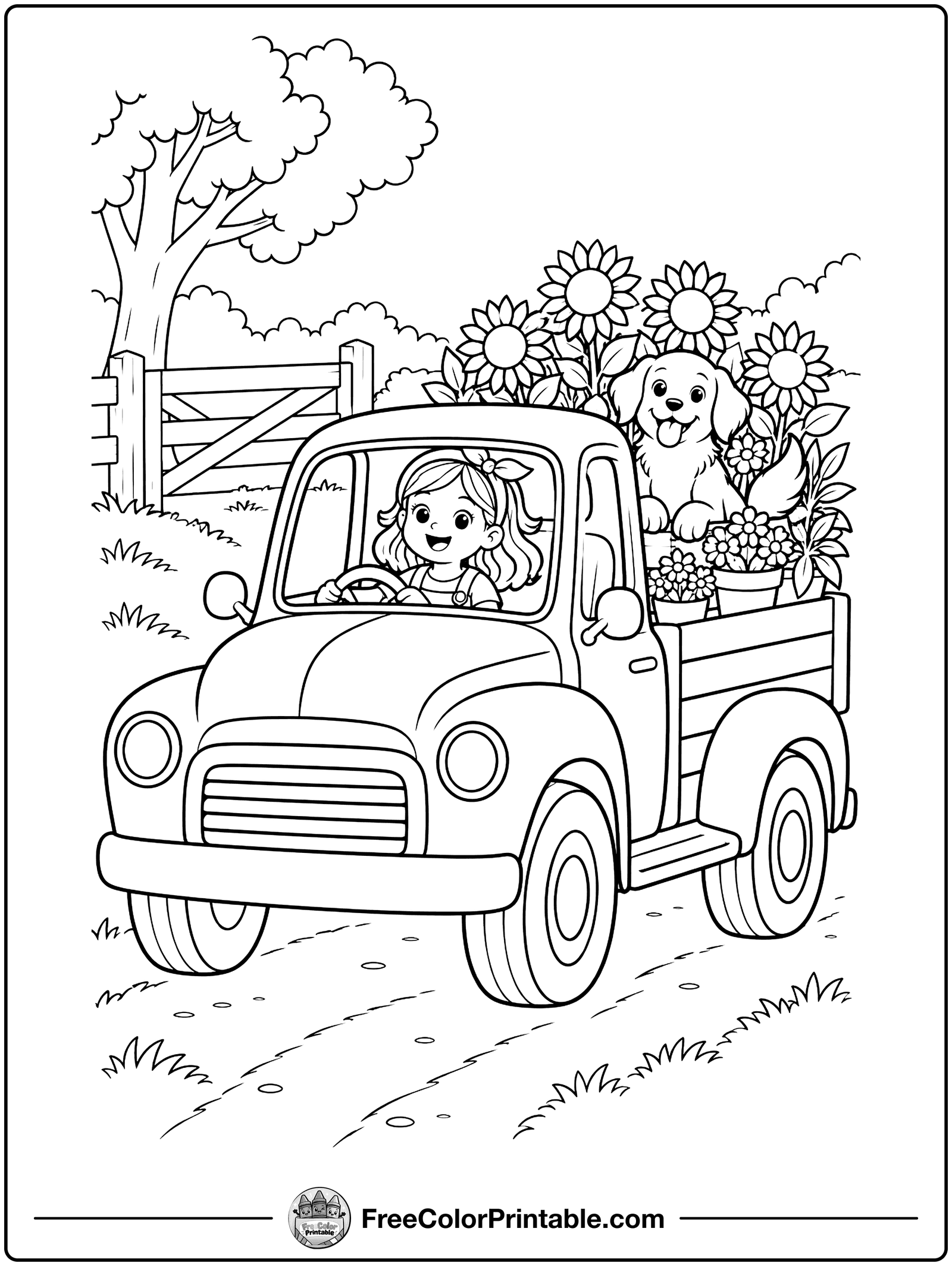 Pickup Truck Full of Flowers Coloring Page — free color printable