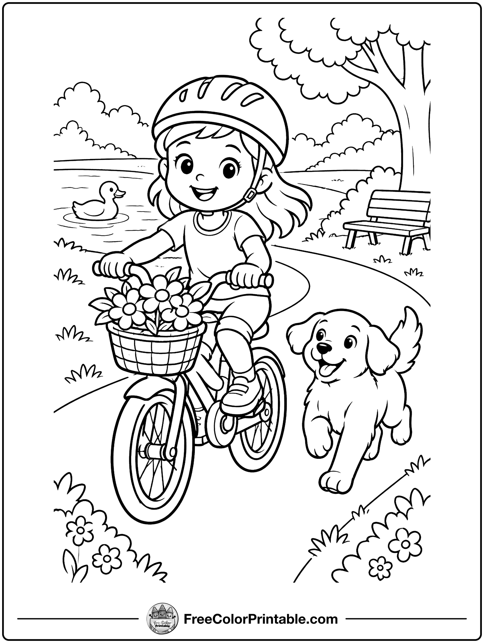 Bicycle Ride in the Park Coloring Page — free color printable