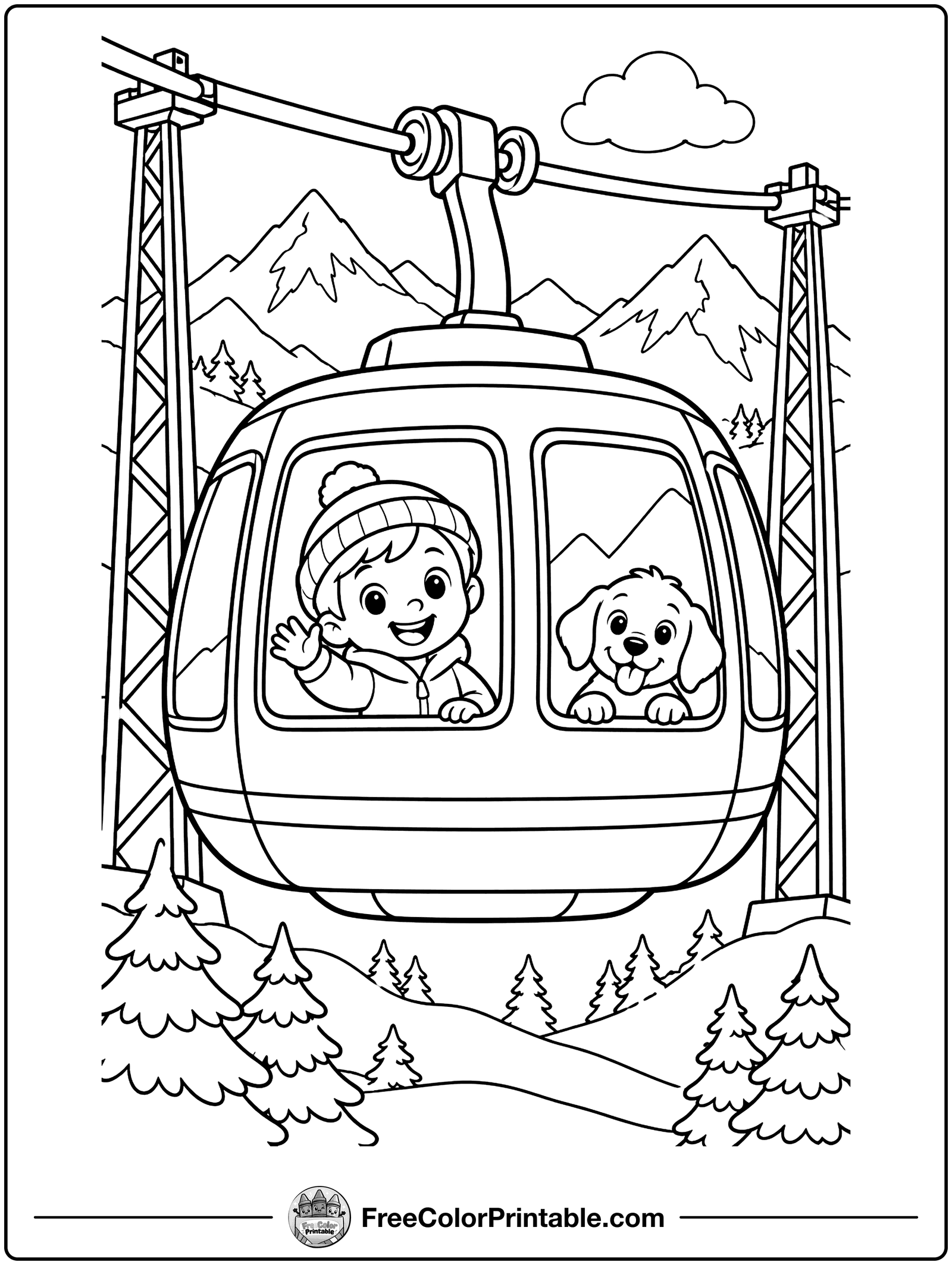 Cable Car Above the Mountains Coloring Page — free color printable