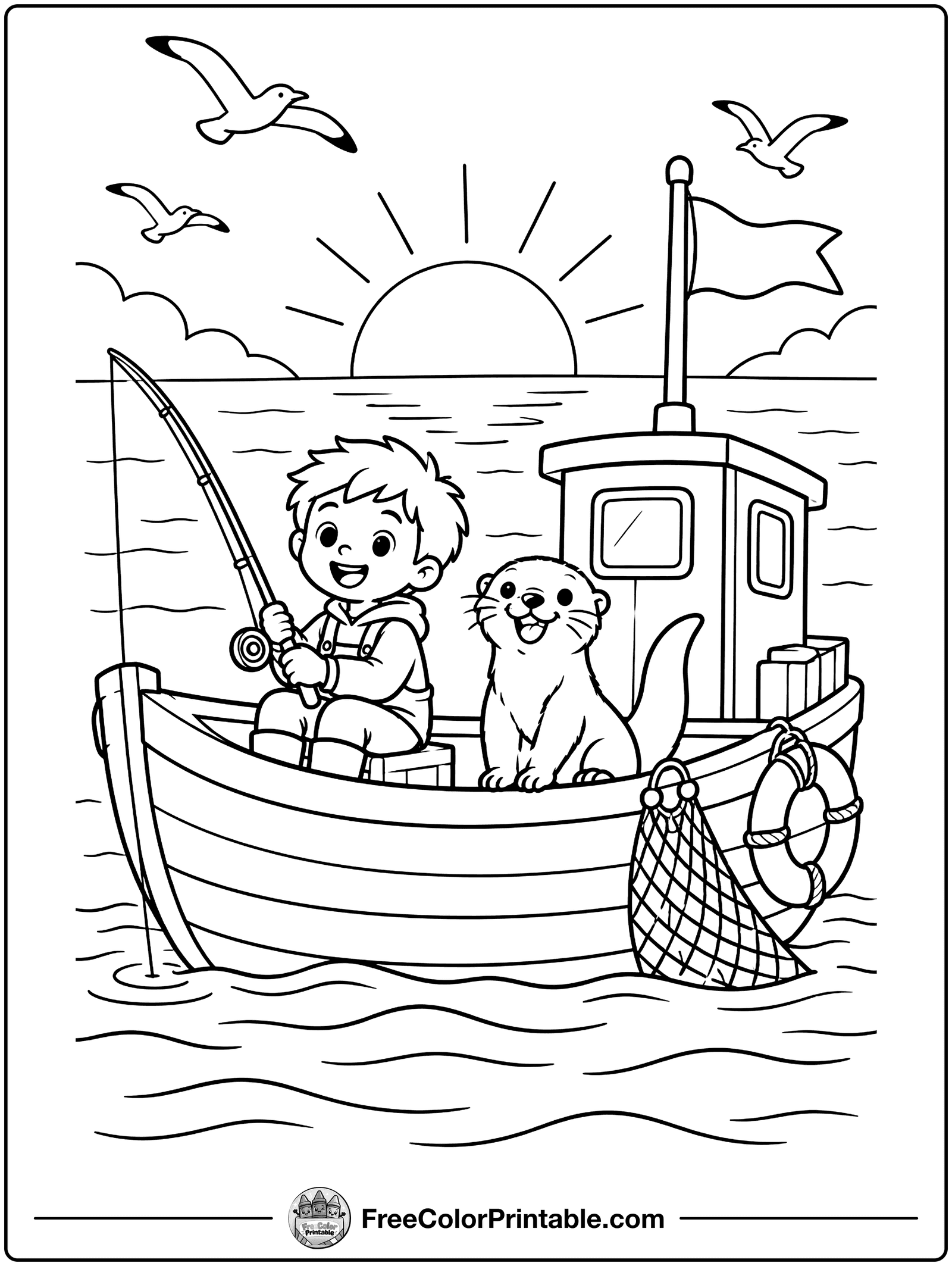 Fishing Boat at Sunrise Coloring Page — free color printable