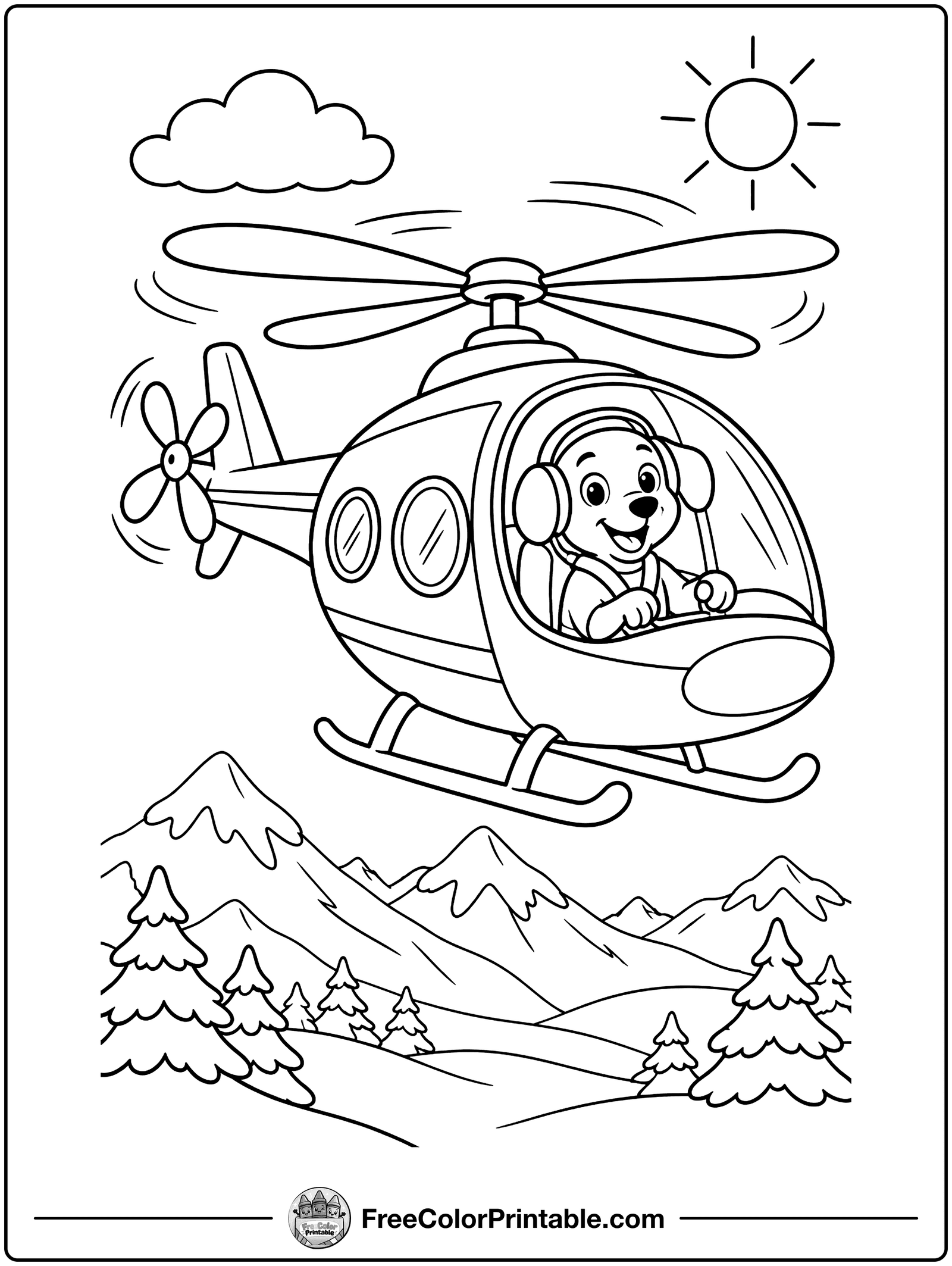 Helicopter Flying Over Mountains Coloring Page — free color printable