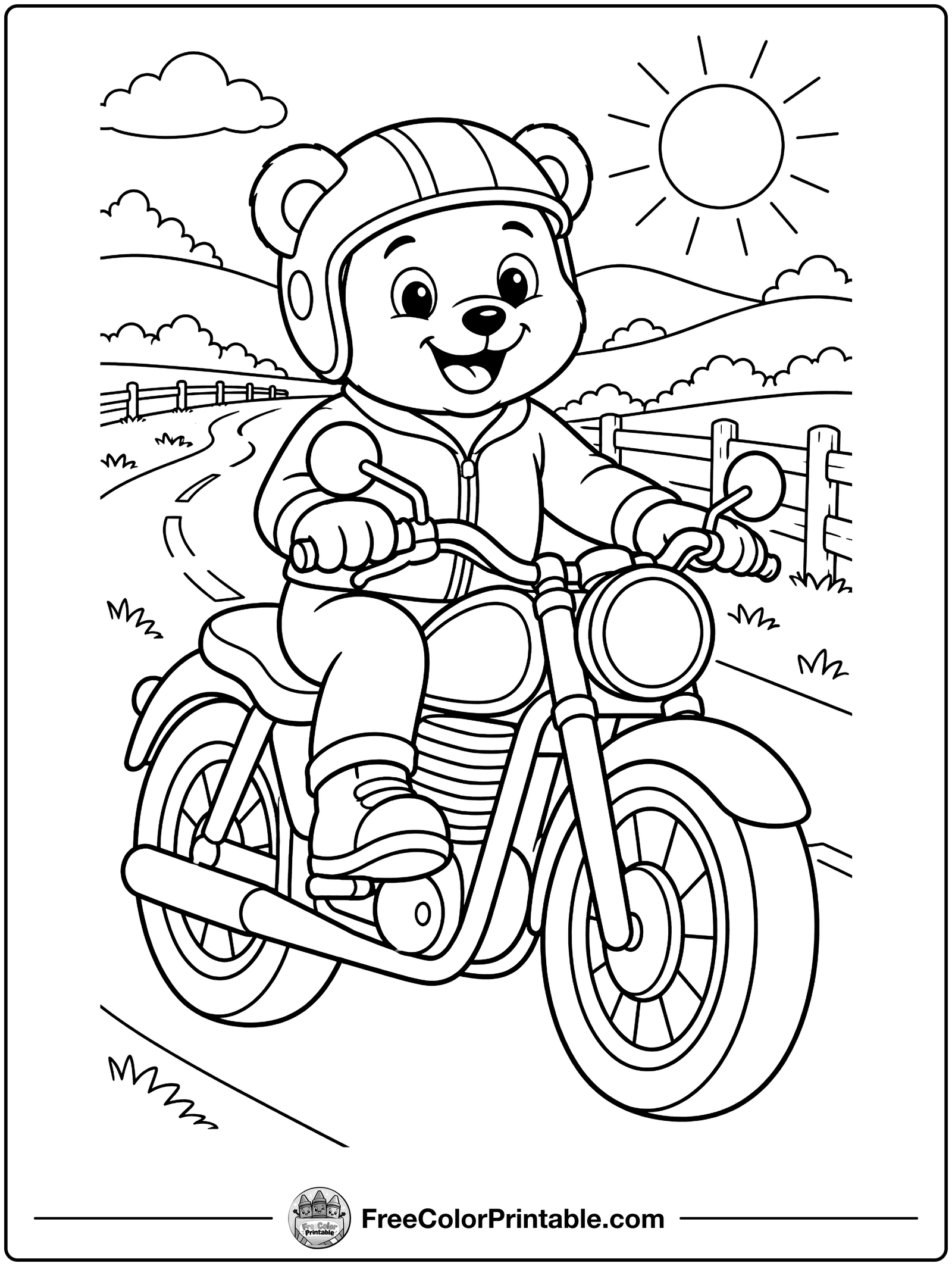 Motorcycle Ride on a Country Road Coloring Page — free color printable