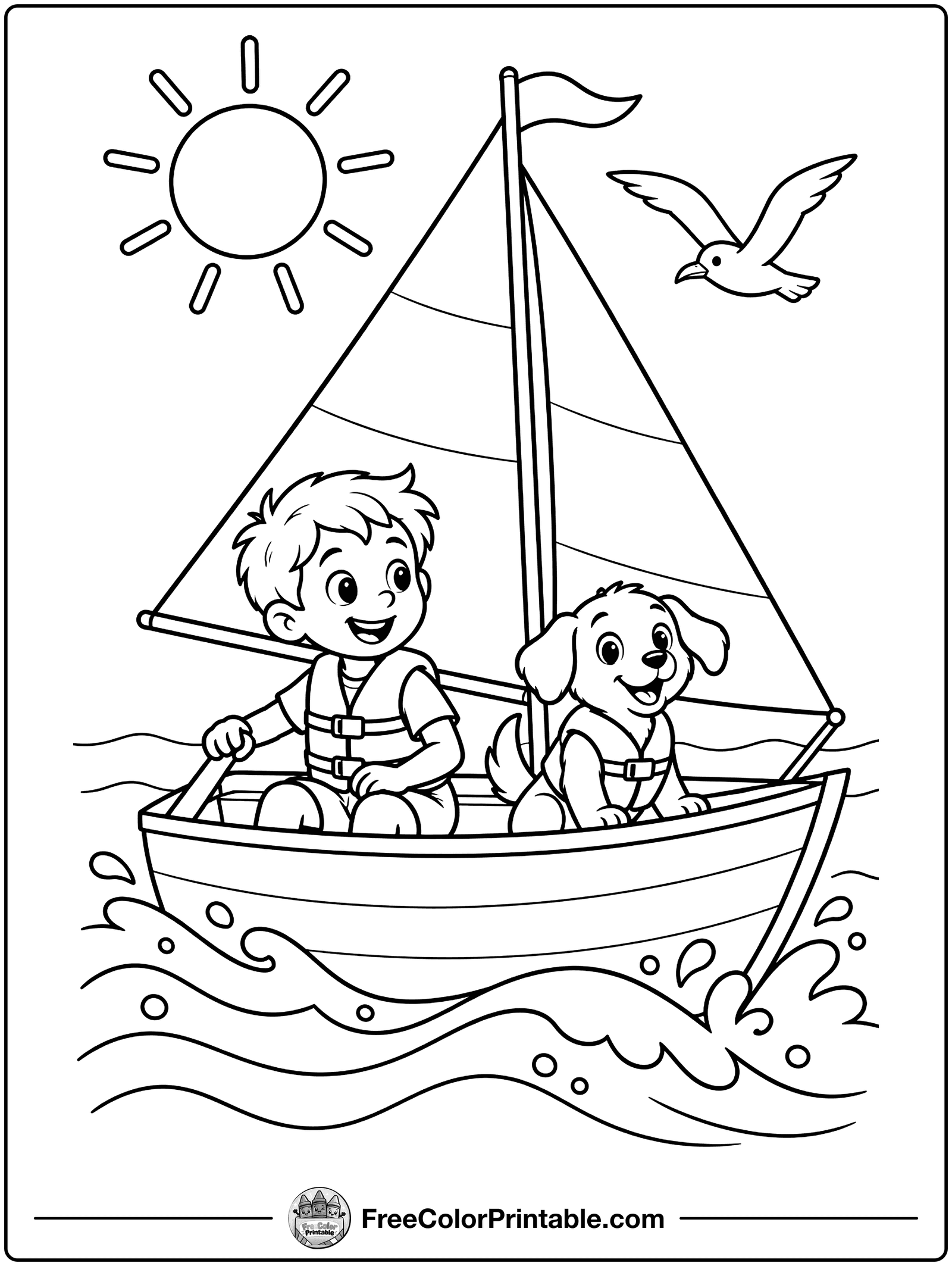 Sailboat on Sparkling Waves Coloring Page — free color printable