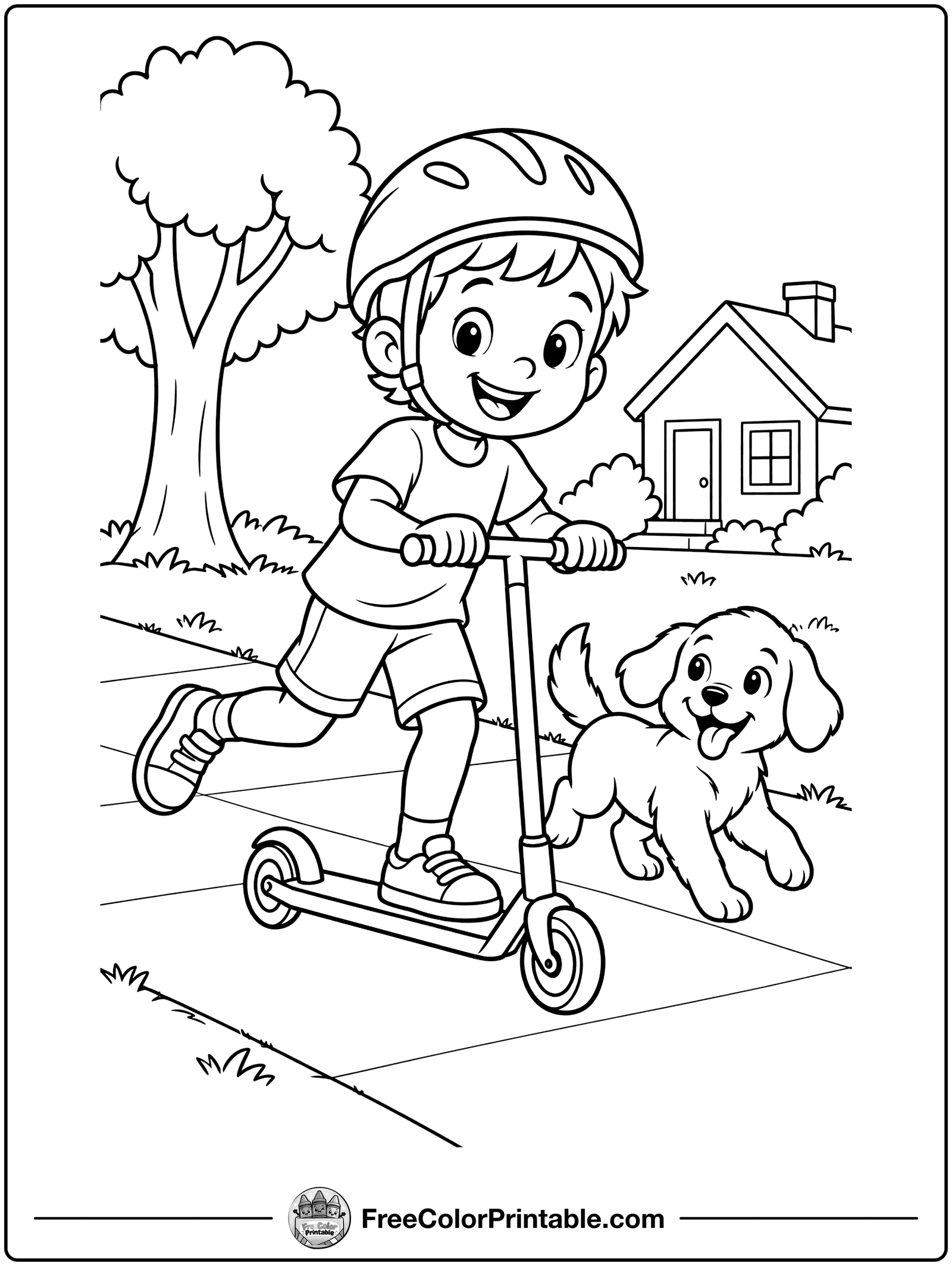 Scooter Ride Down the Sidewalk Coloring Page — free color printable