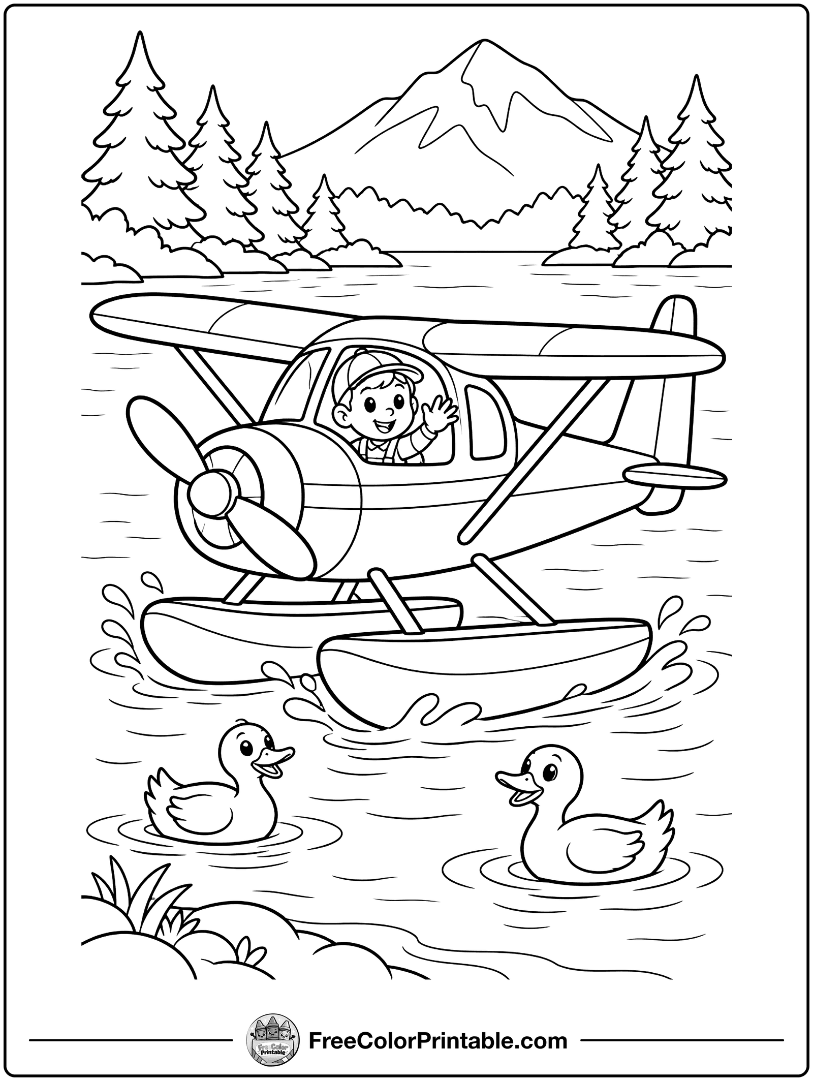Seaplane Landing on a Lake Coloring Page — free color printable