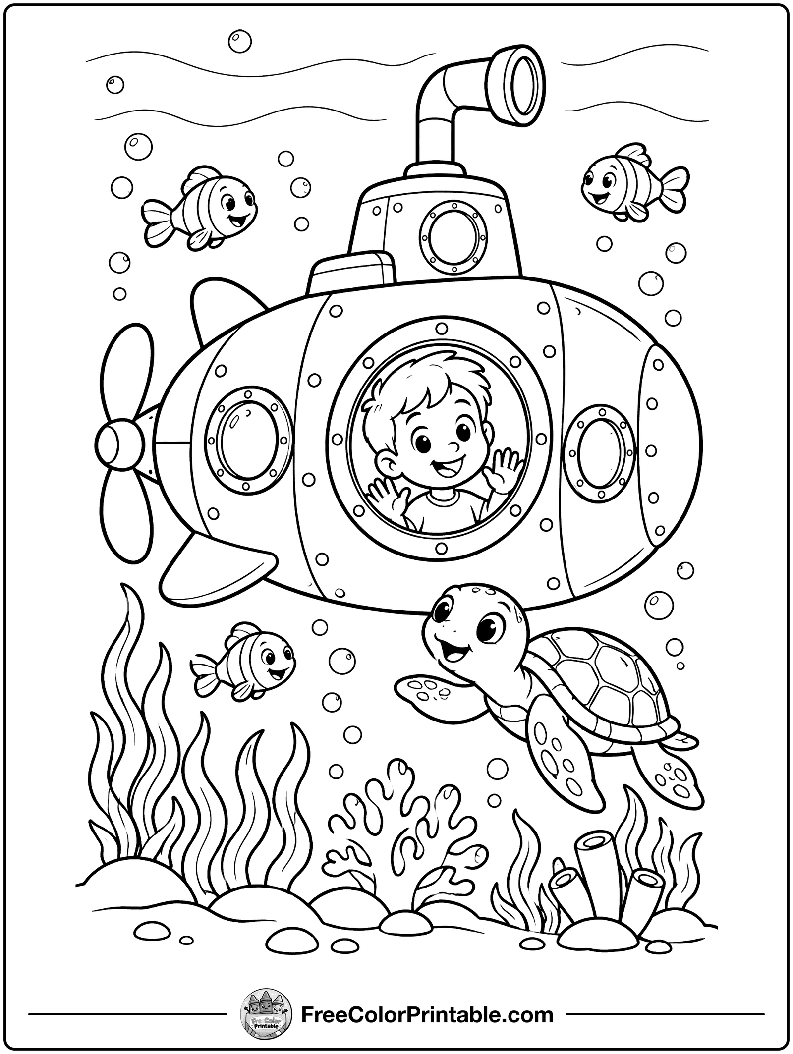 Submarine Exploring the Ocean Coloring Page — free color printable
