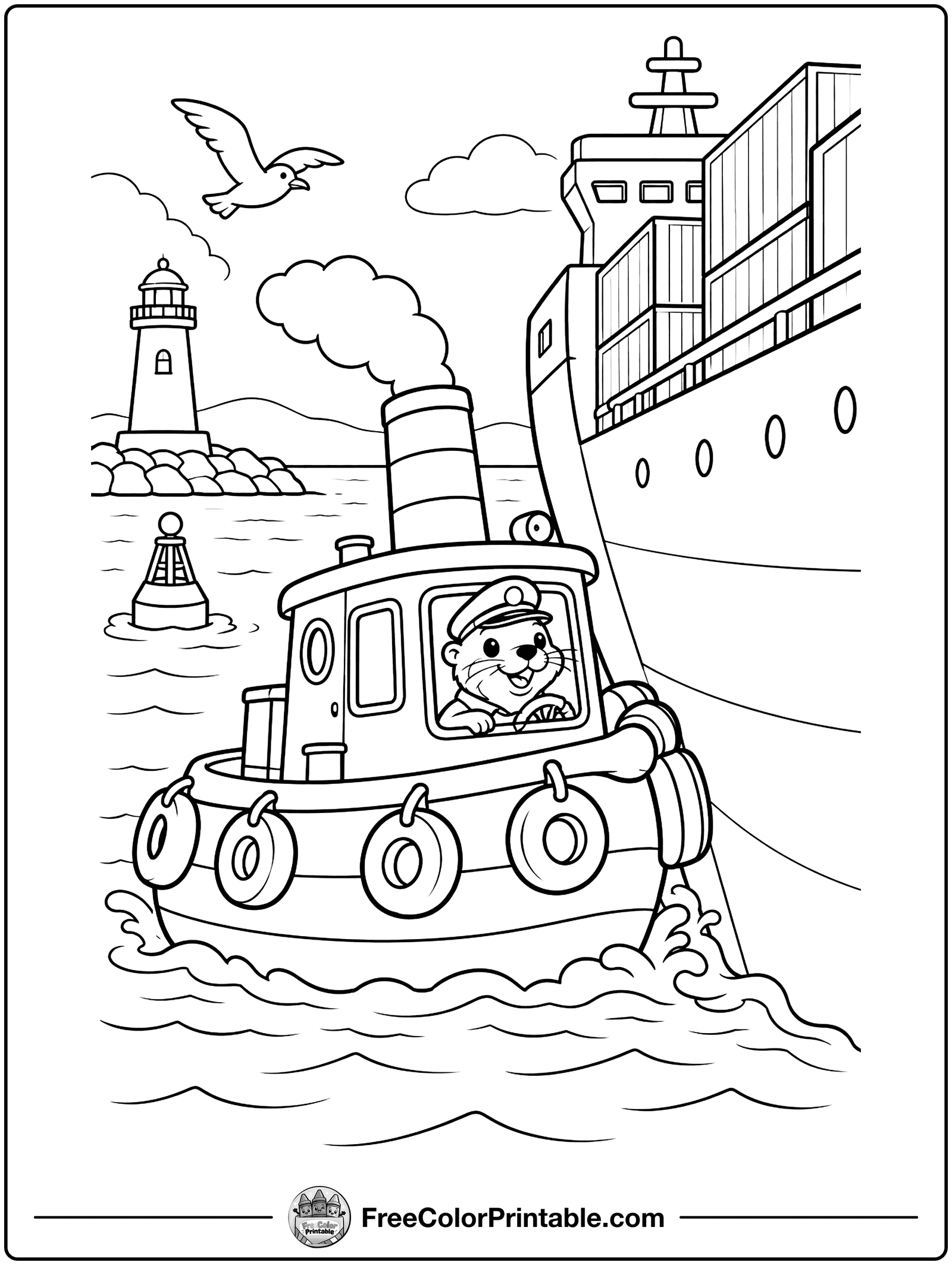 Tugboat Helping a Big Ship Coloring Page — free color printable