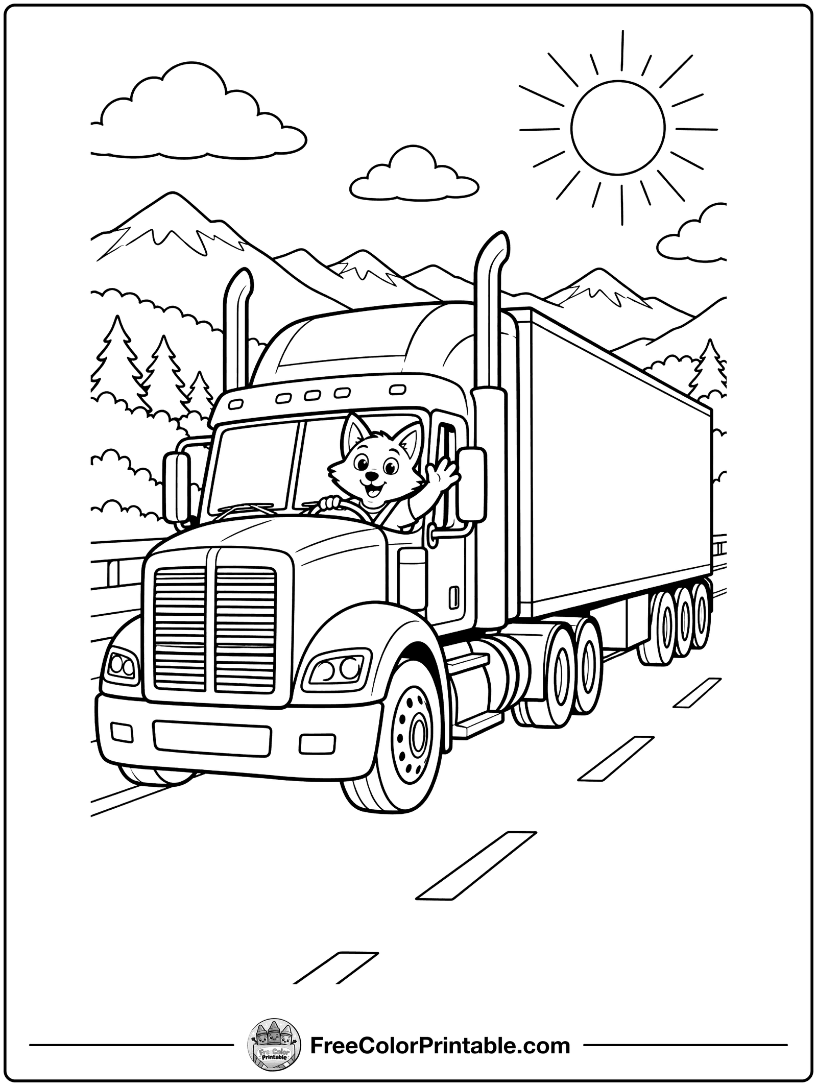 Big Rig on the Highway Coloring Page — free color printable