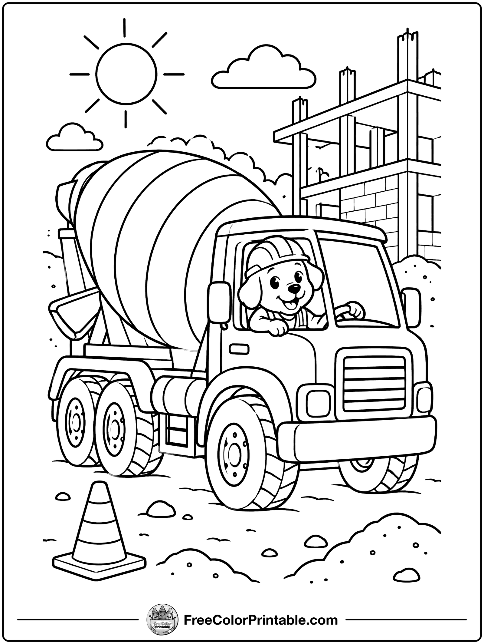 Cement Mixer on the Move Coloring Page — free color printable
