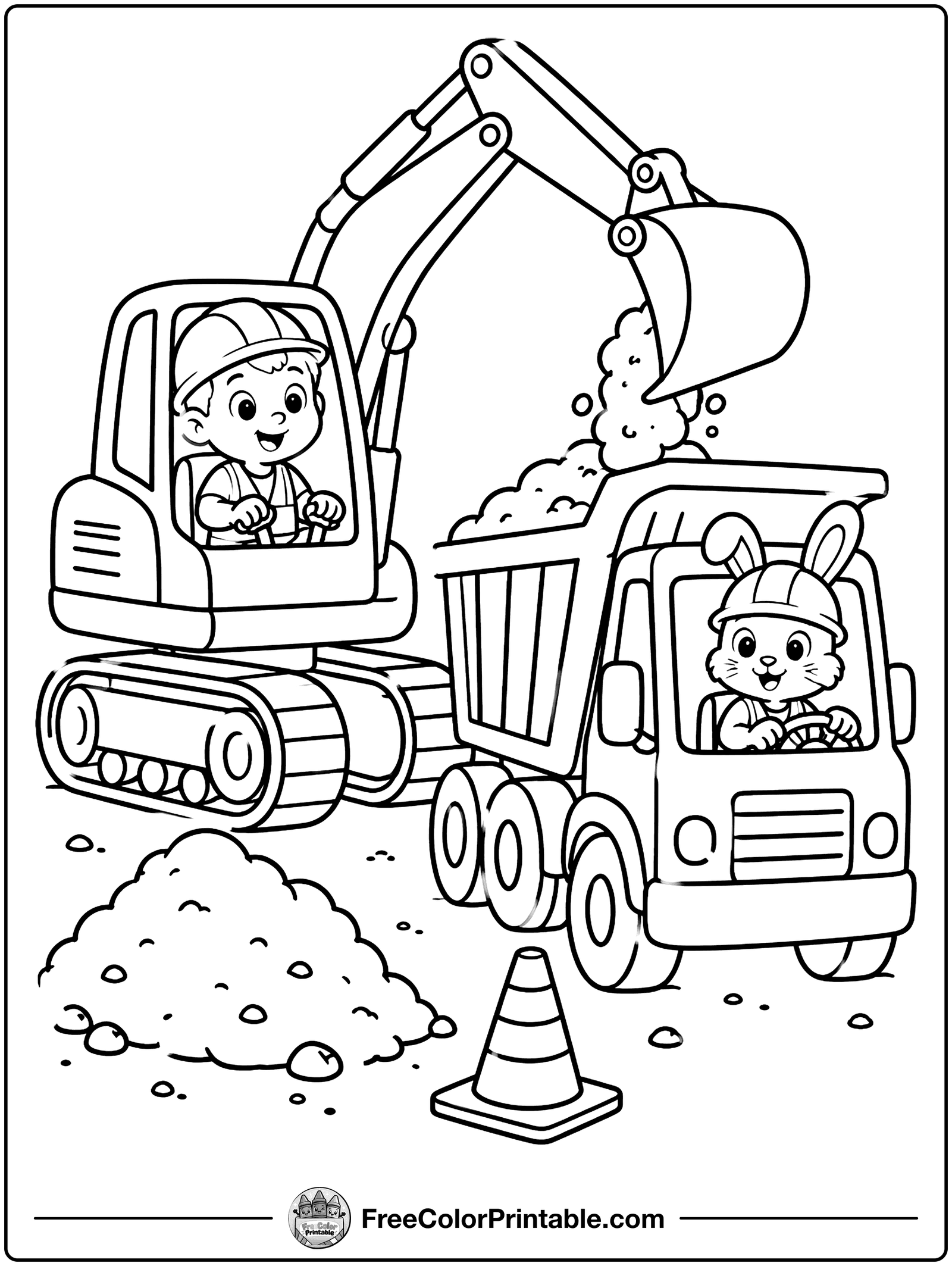 Digger and Dump Truck Team Coloring Page — free color printable