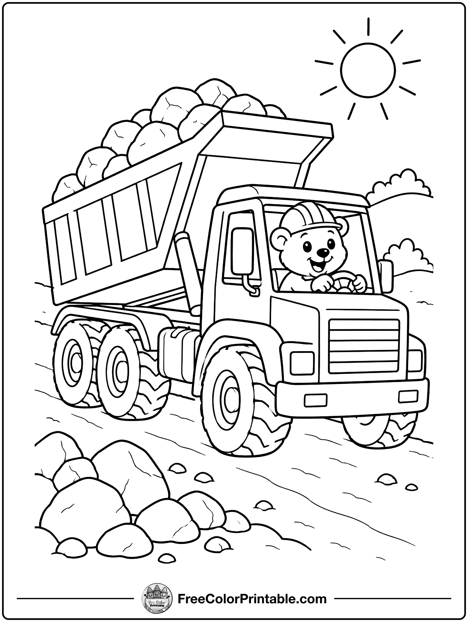 Dump Truck Hauling Rocks Coloring Page — free color printable
