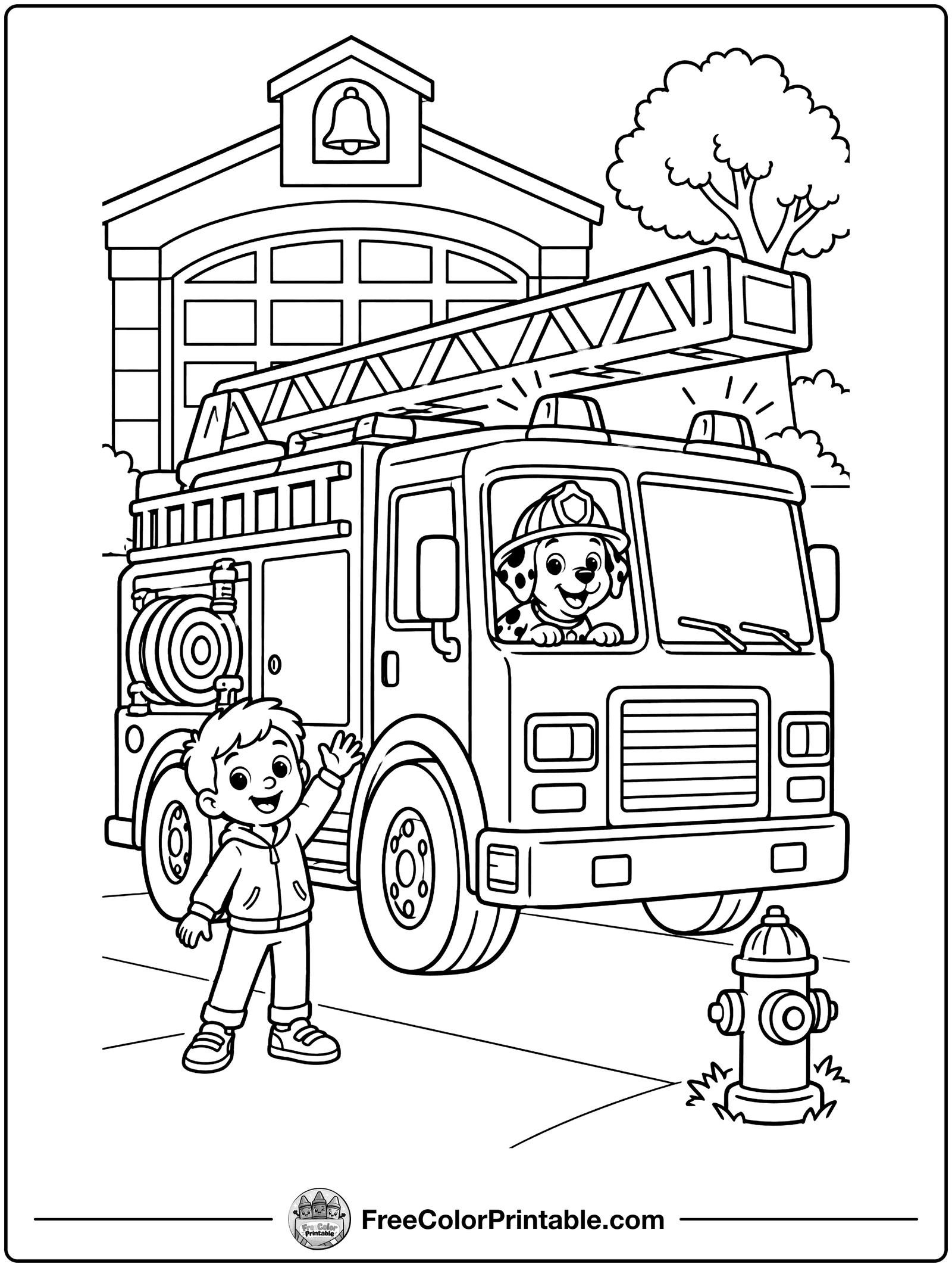 Fire Truck to the Rescue Coloring Page — free color printable