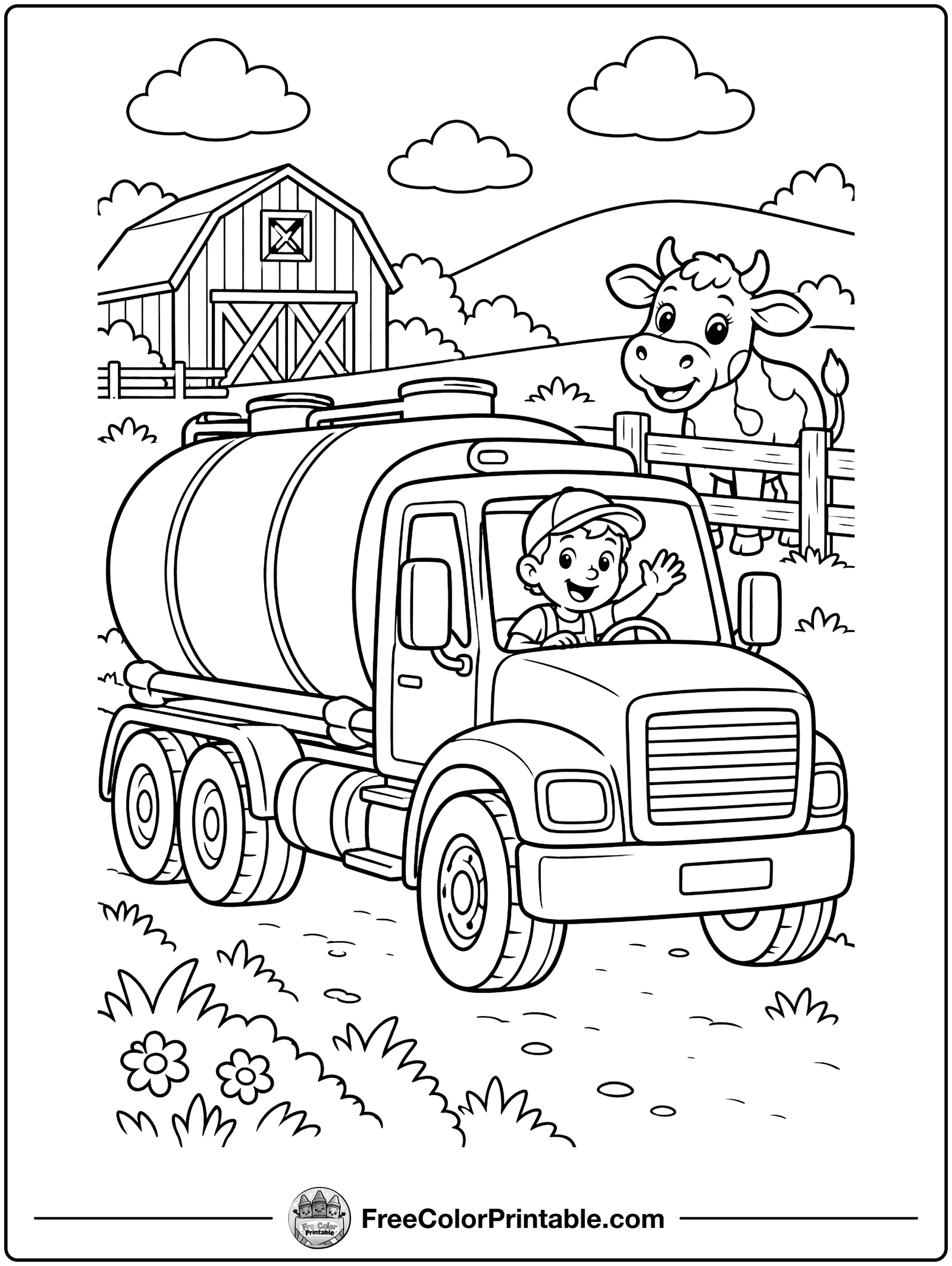 Milk Tanker on the Farm Road Coloring Page — free color printable