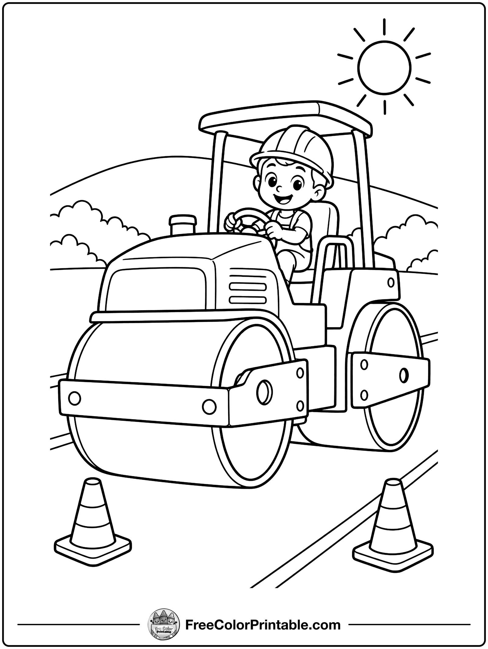 Road Roller Smoothing the Road Coloring Page — free color printable