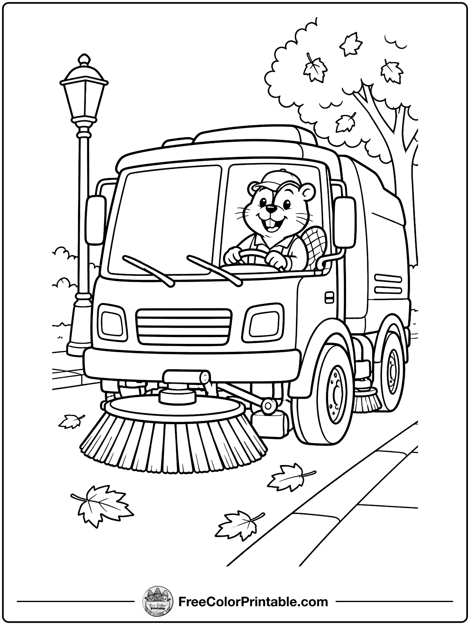 Street Sweeper Cleaning Up Coloring Page — free color printable