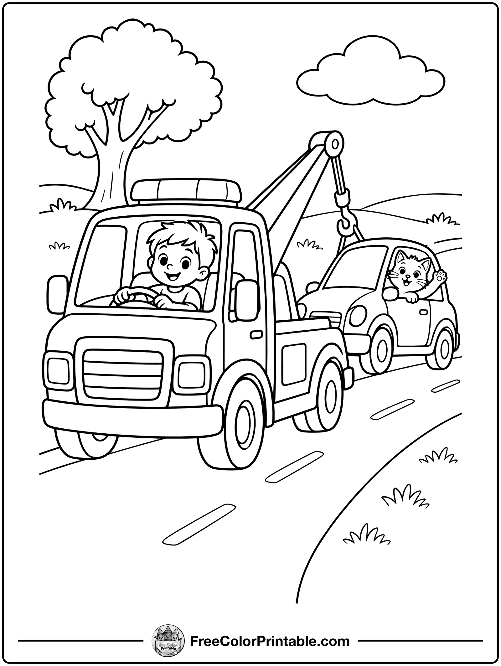 Tow Truck Helping a Friend Coloring Page — free color printable