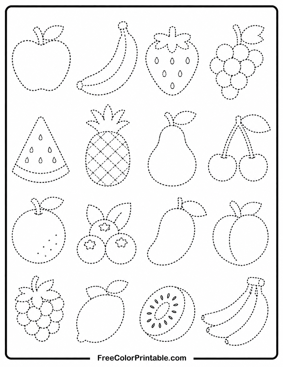 Fruit Tracing Worksheet Coloring Page — free color printable
