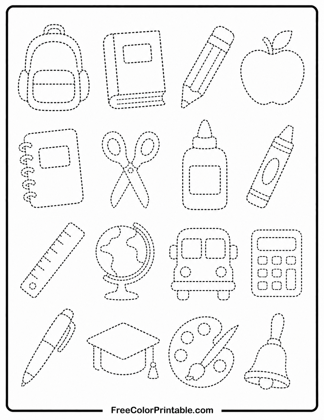 School Supplies Tracing Worksheet Coloring Page — free color printable