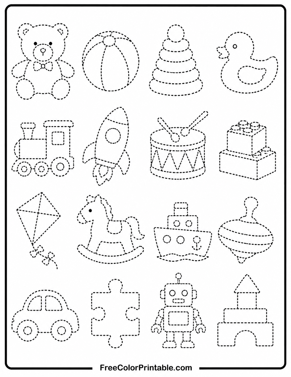 Toy Tracing Worksheet Coloring Page — free color printable