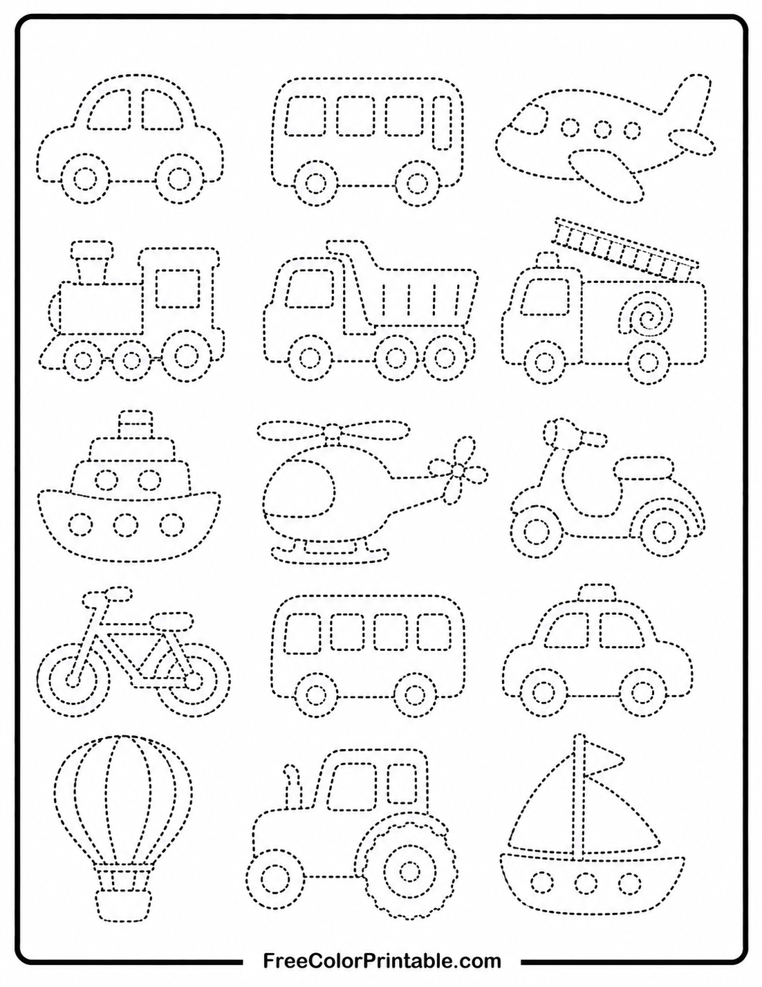 Transport Vehicles Tracing Worksheet Coloring Page — free color printable