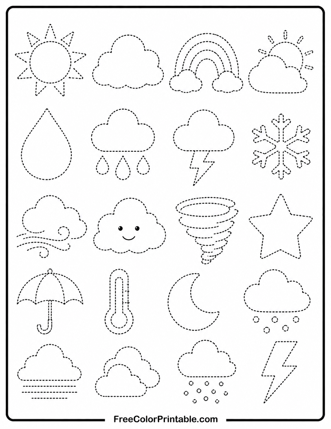 Weather Tracing Worksheet Coloring Page — free color printable